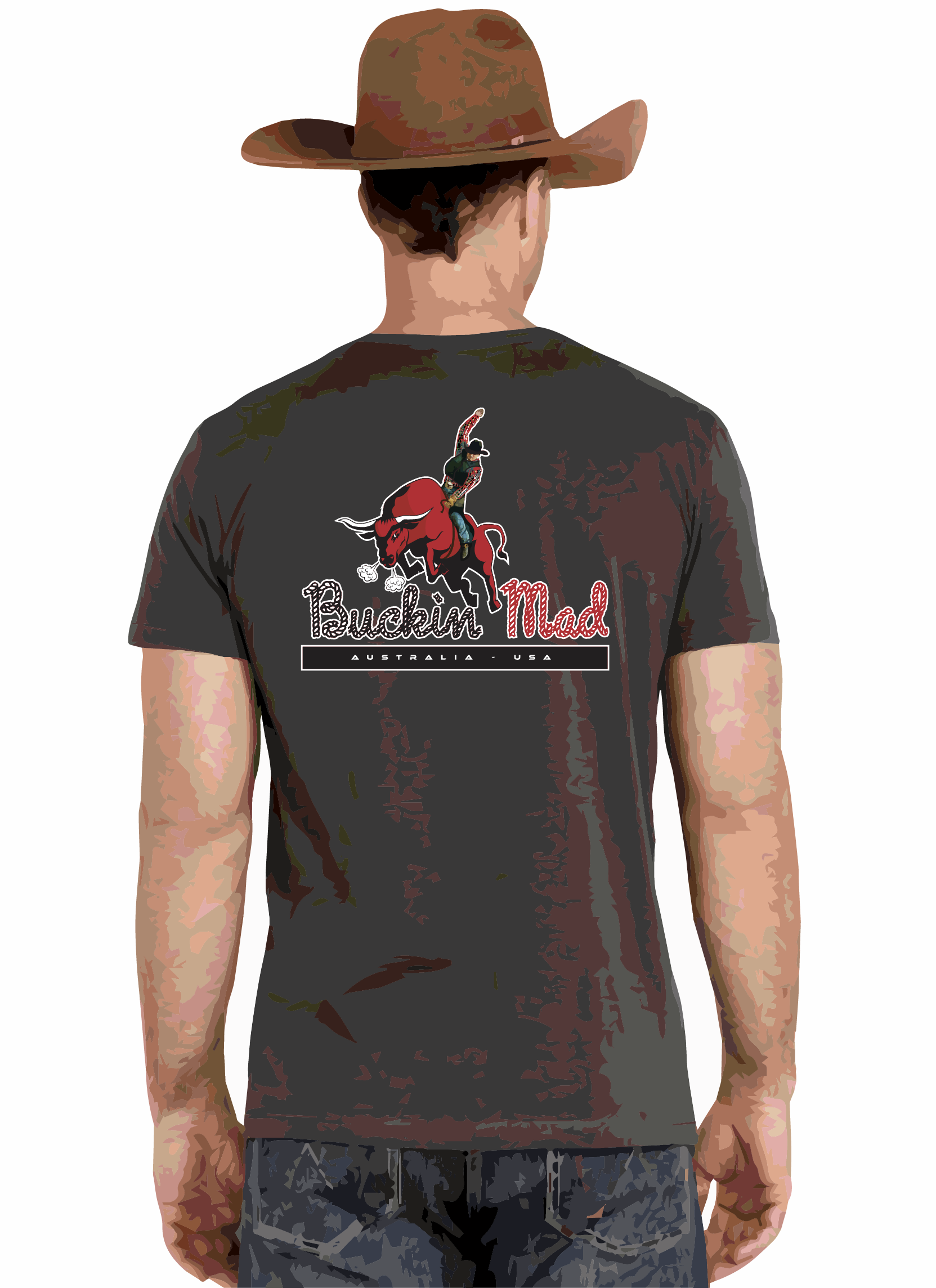 Digital Illustrated logo for Bucking Mad Australia, showing a cowboy riding a snorting bull, by Anderssen Creative. Logo shown in situ on the back of a t-shirt.