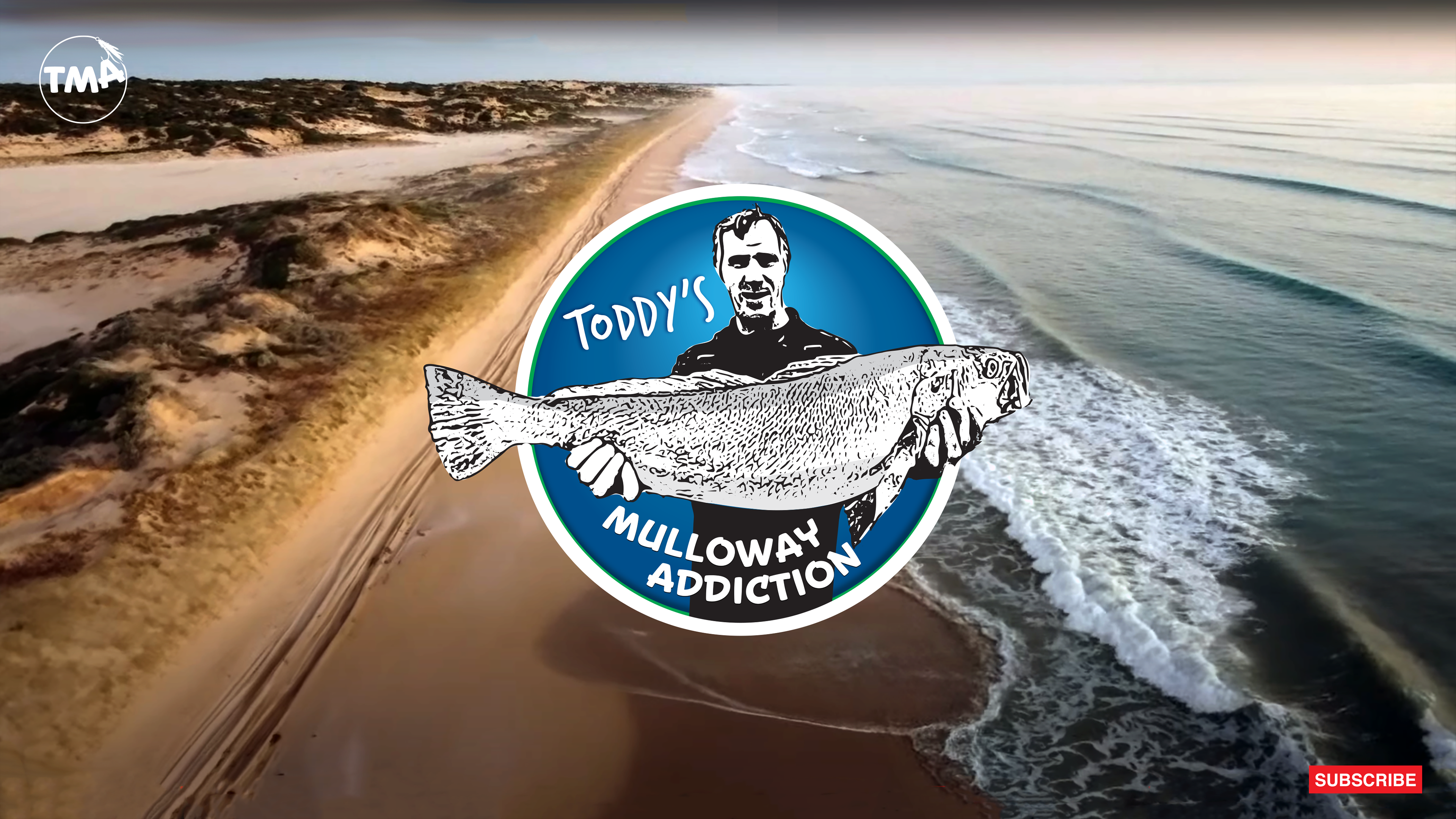 Toddy's Mulloway Addiction. Logo depicting catching a big fish, overlaid on aerial photo of the coastline.