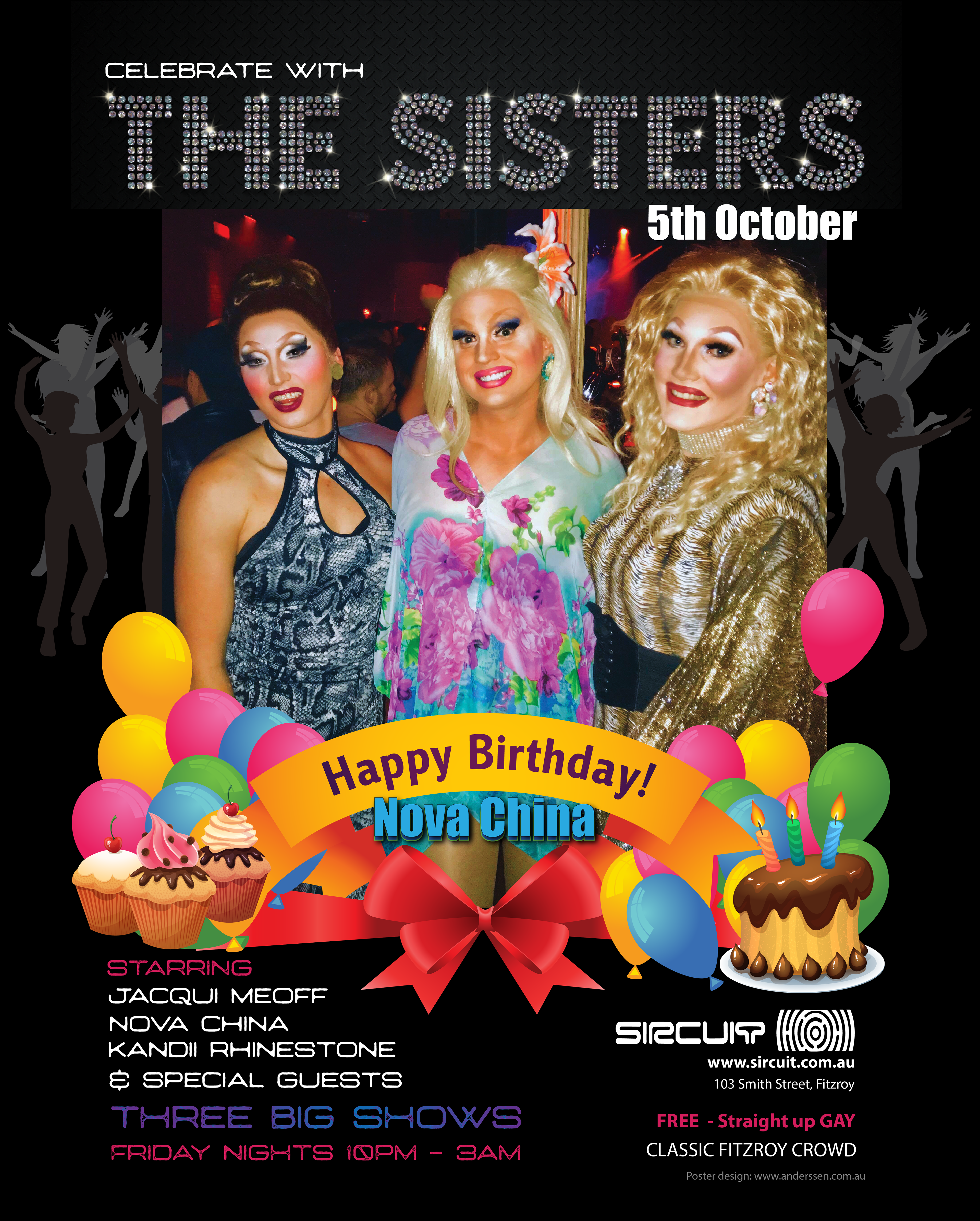 3 drag queens Photoshopped onto a vector background for an event poster, by Anderssen Creative.