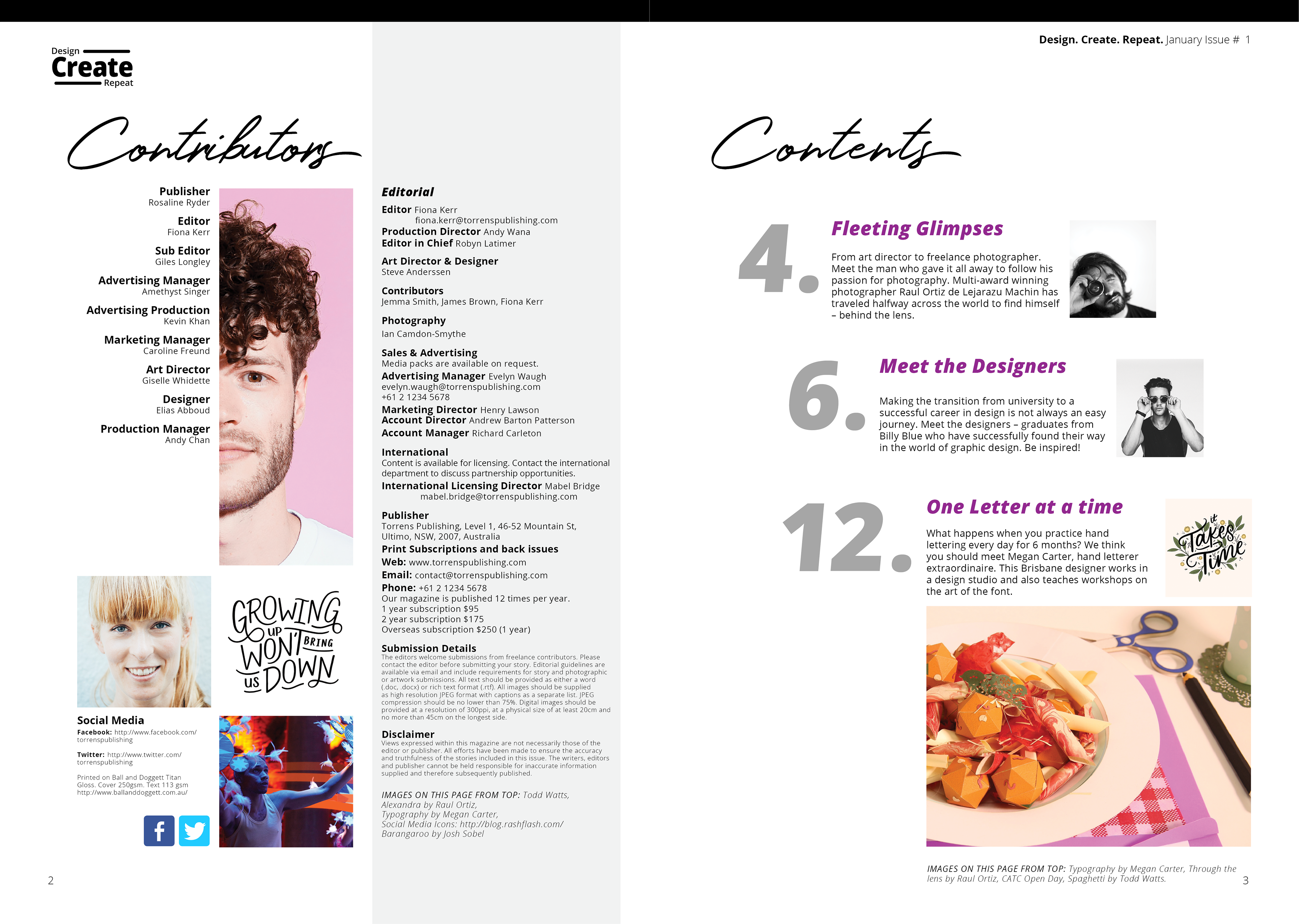 Design Create Repeat Magazine Contributors and Contents Pages, typesetting by Anderssen Creative.