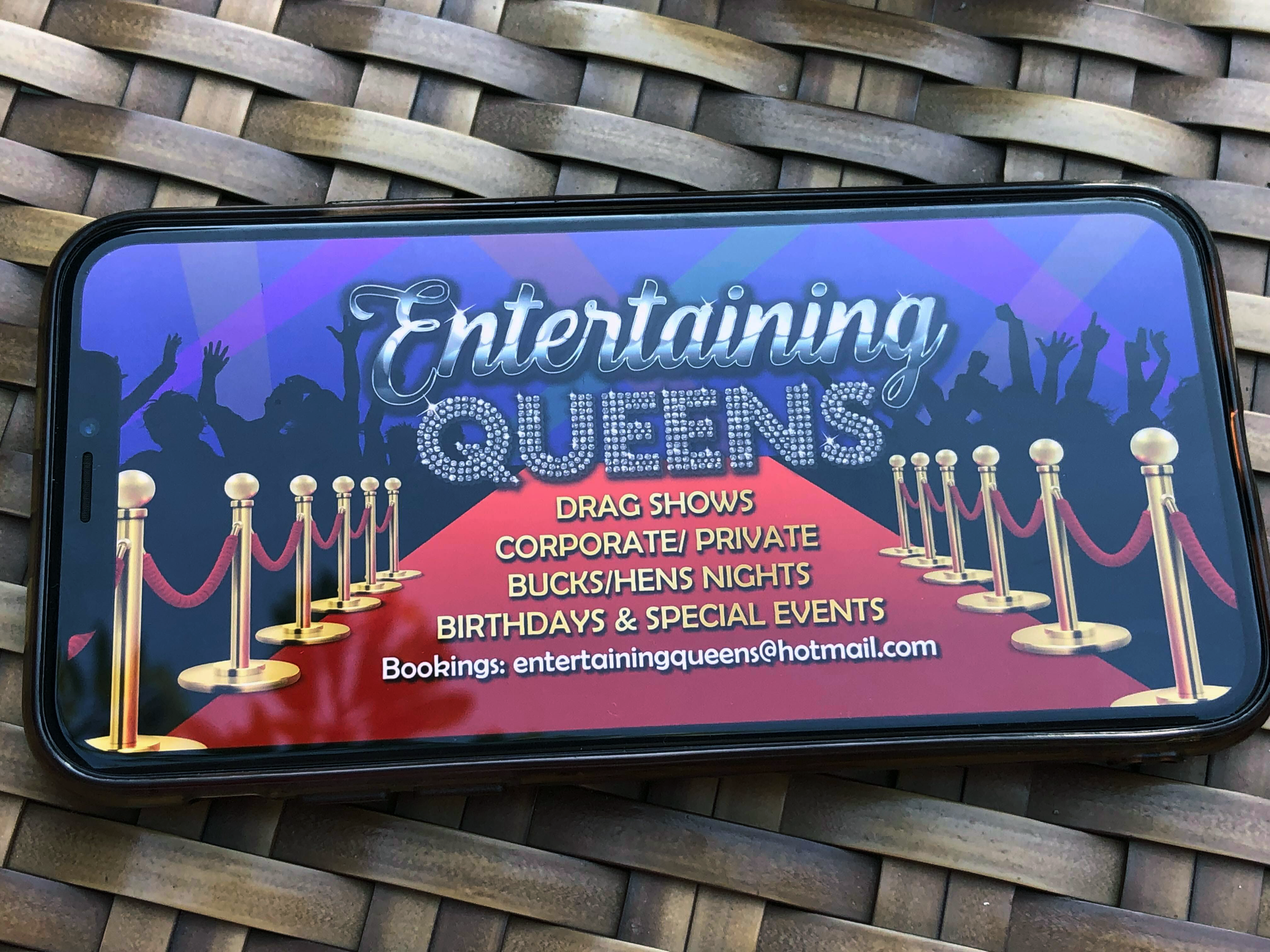 Digital Illustrated typographic logo for Entertaining Queens, social media advertisement, by Anderssen Creative.