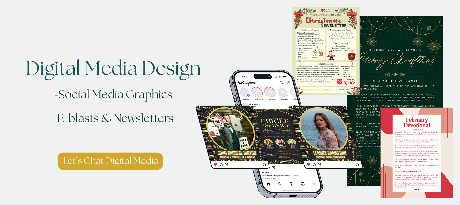 Digital Media design, including social media graphics, email blasts, and newsletter designs provided by Miss B Artistry.
