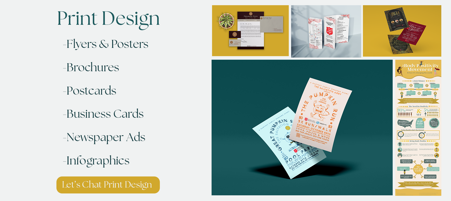 Designs for print media, including flyers & poster design, brochures, postcards and mailers, business cards, newspaper ads, and infographics, all created by Miss B Artistry.