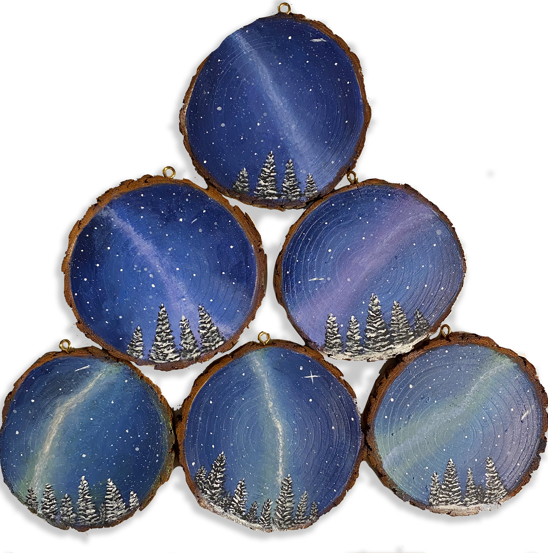 Starry Christmas Sky. Acrylic on wood. 2022 slices (ornaments).