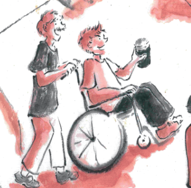 Pushing Friend in Wheelchair