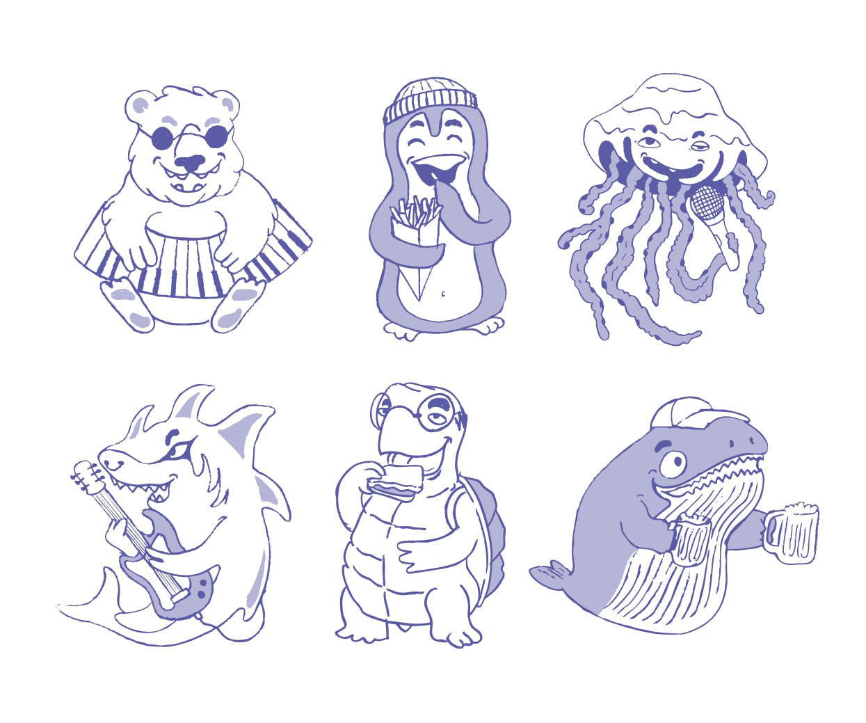 6 Personnages créer à la main - bichromie