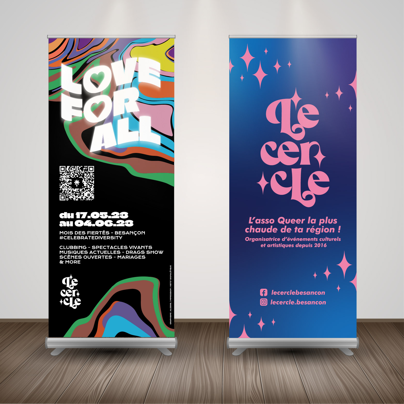 Kakémono promotionnels du festival et de l'association organisatrice Le Cercle