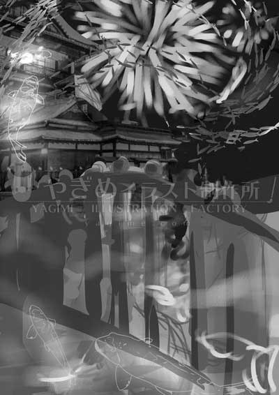 白黒で各モチーフが配置されたラフタッチイラスト