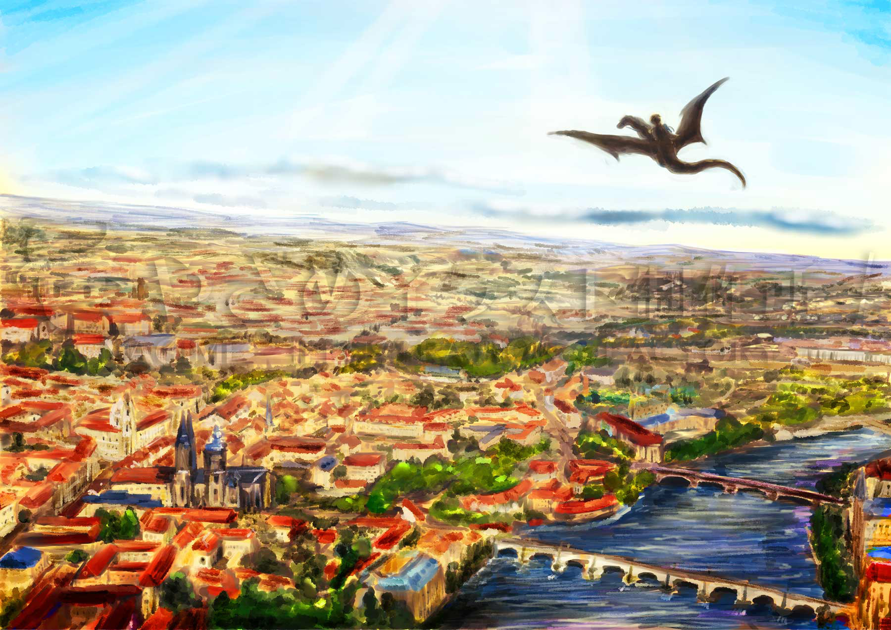 日中、西洋風の街の上空をドラゴンに乗った人が飛行しているイラスト