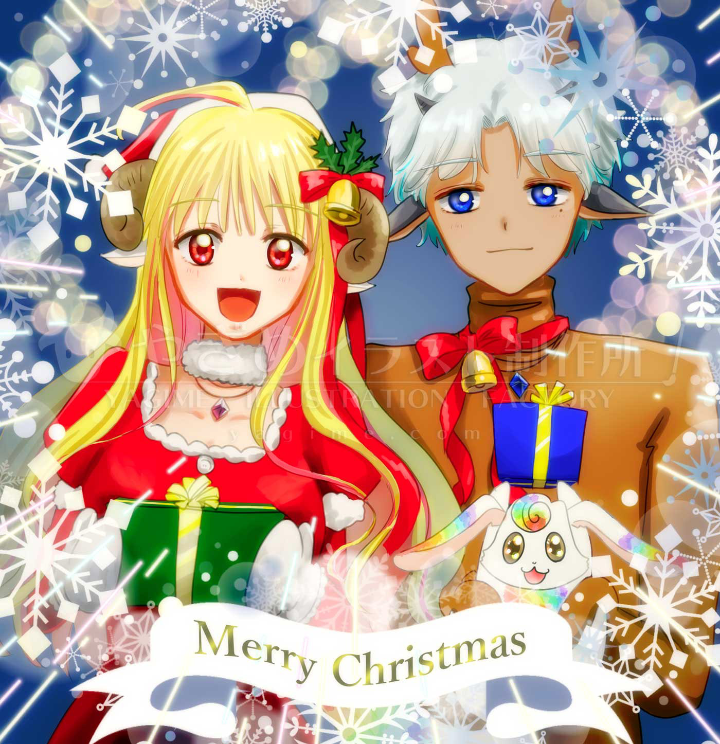 サンタの衣装の女の子とトナカイの衣装の男の子のイラスト