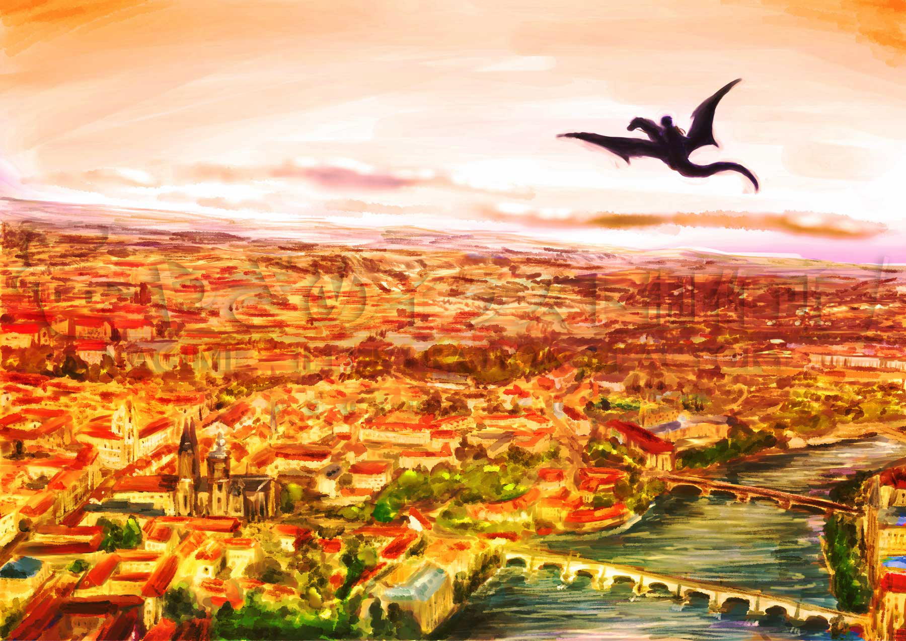 茜色に染まった空と西洋風の街並の中をドラゴンに乗った人が飛行しているイラスト