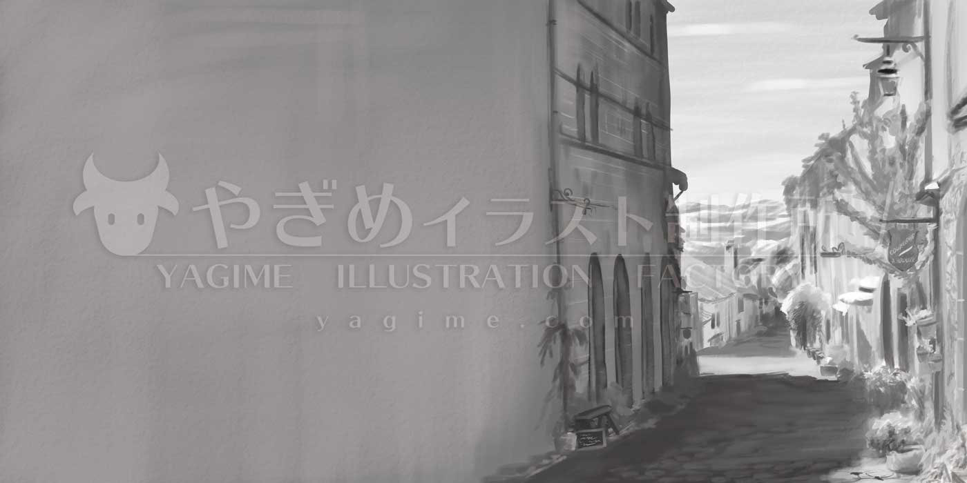 さらに描写を加えた町並みを描いた白黒の油彩風イラスト