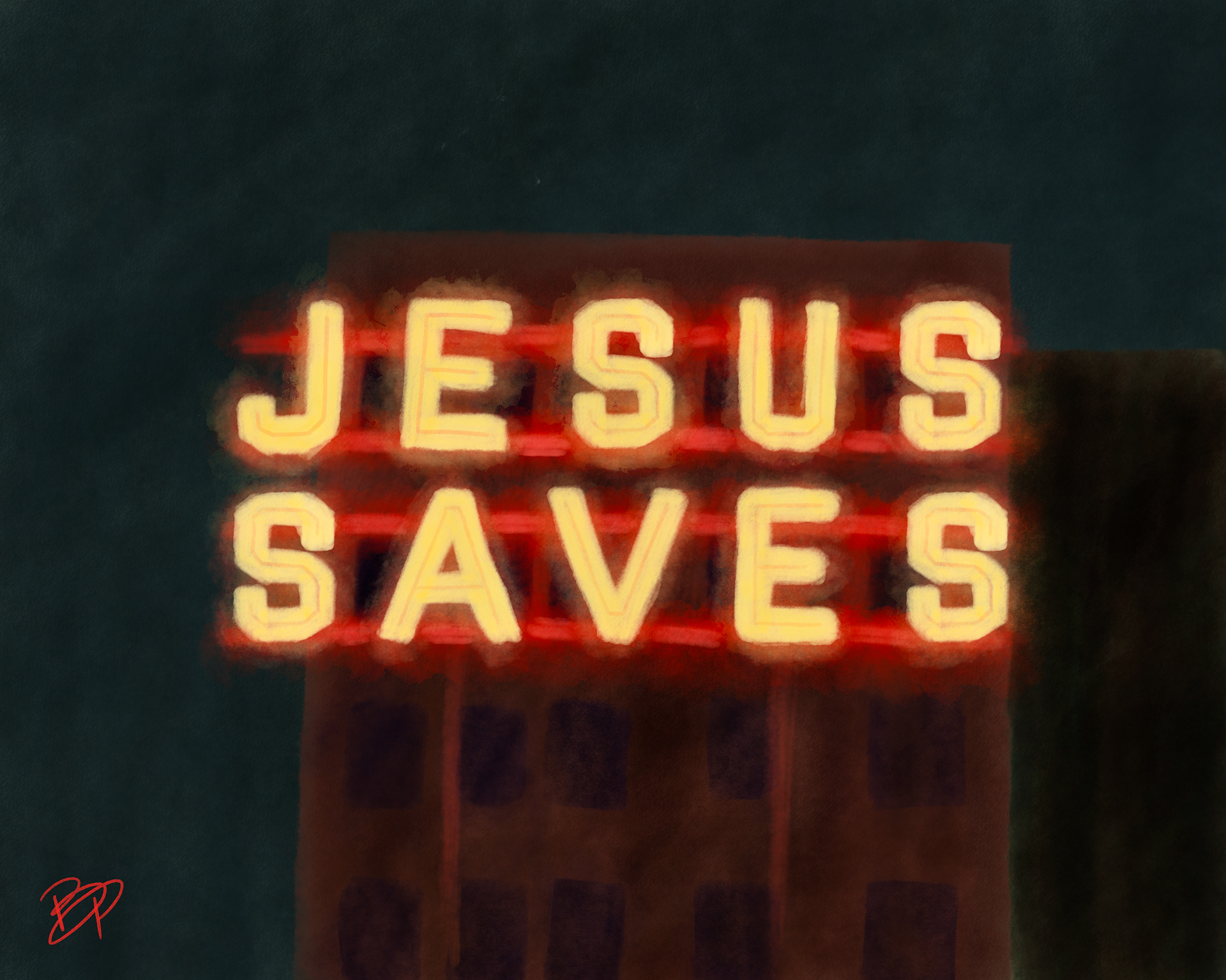 Digital illustration of Biola University's "Jesus Saves" sign