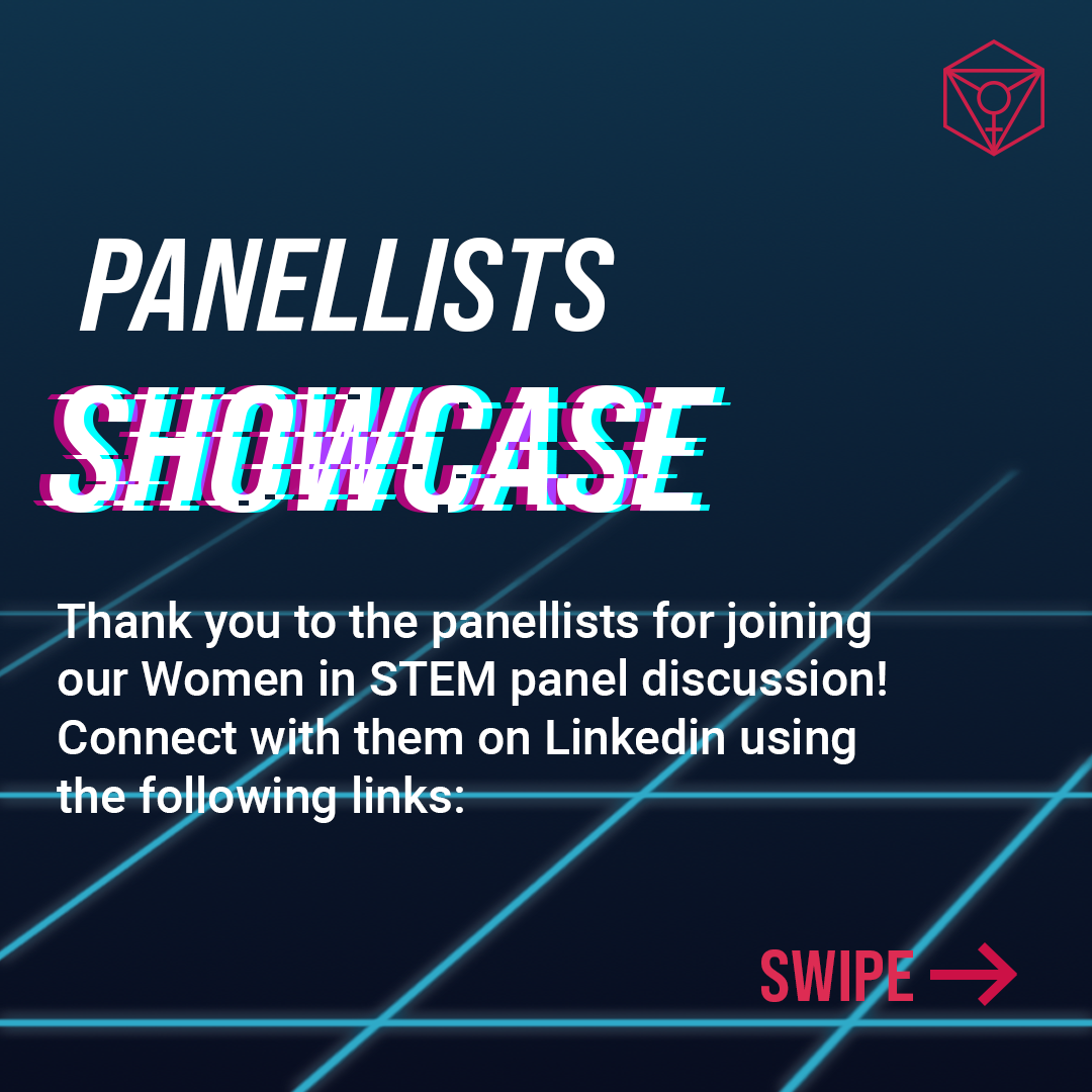 1st graphic of a multi-post gallery detailing panellists part of the Women in STEM panel discussion.