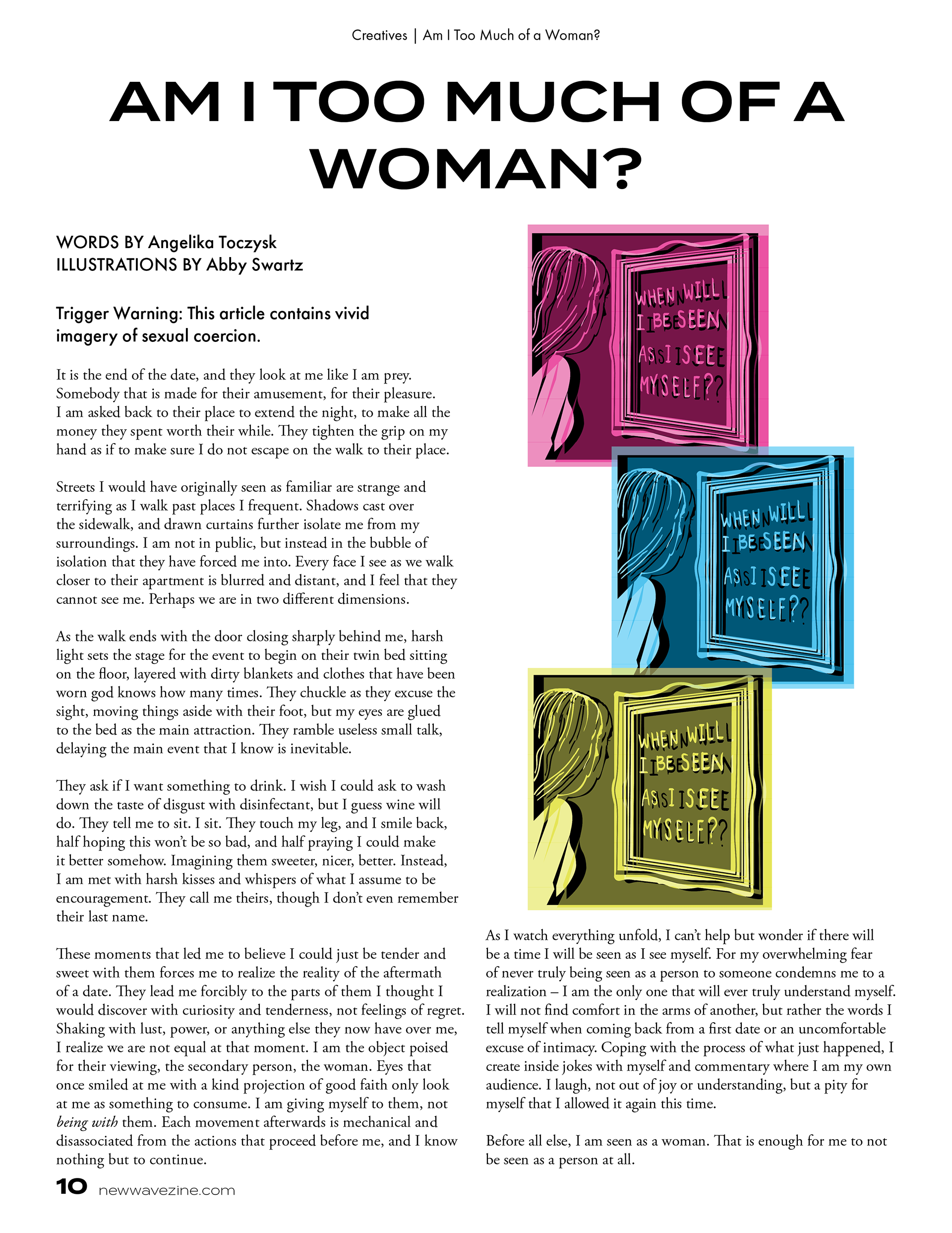 Layout design for one-page piece by Angelika Toczysk. Illustrations by Abby Swartz.