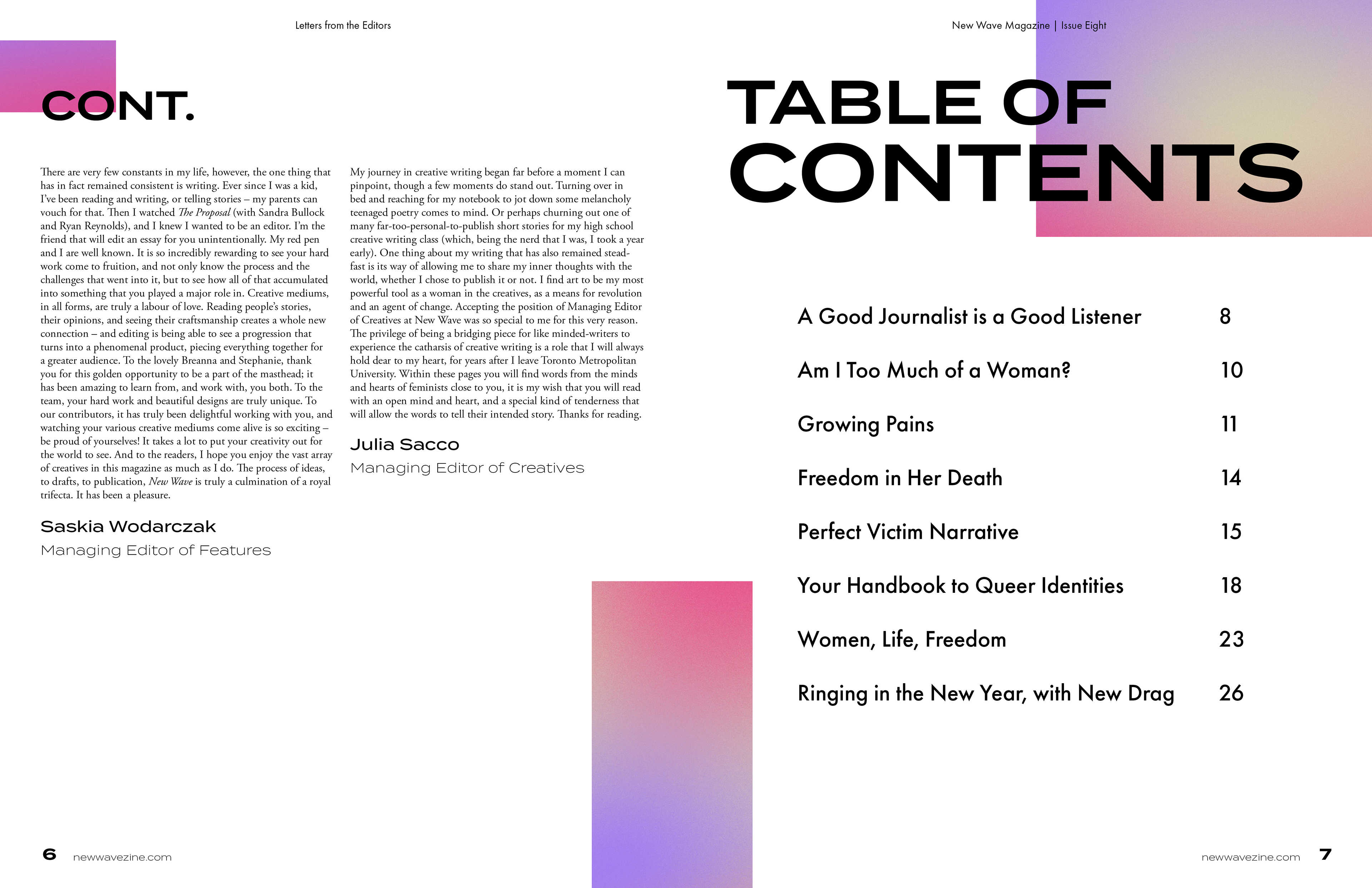Layout and graphic design of a two-page spread for the Letters from the Editors and Table of Contents pages.