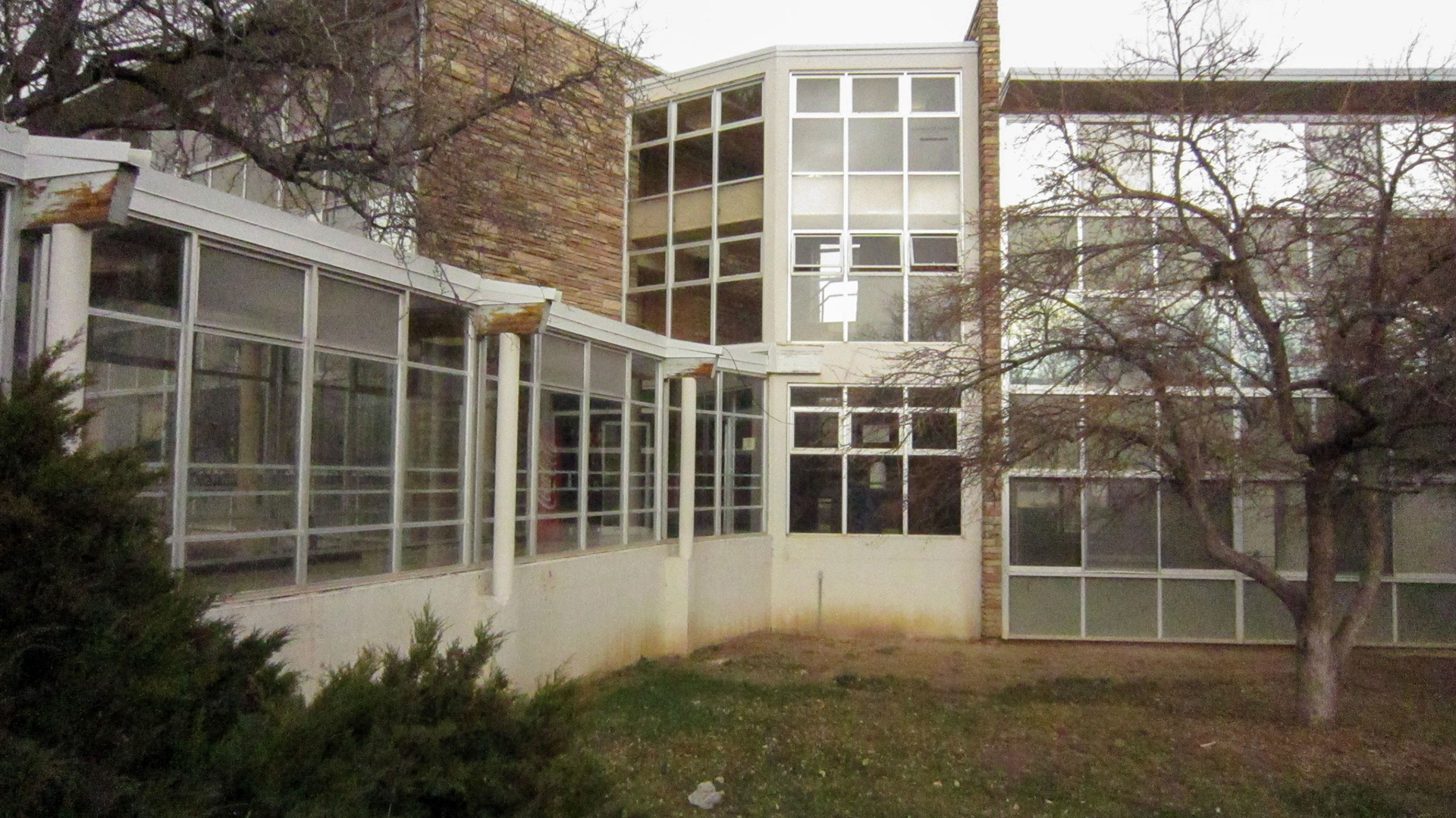 North glass hallway and south-facing side of the north central stairwell