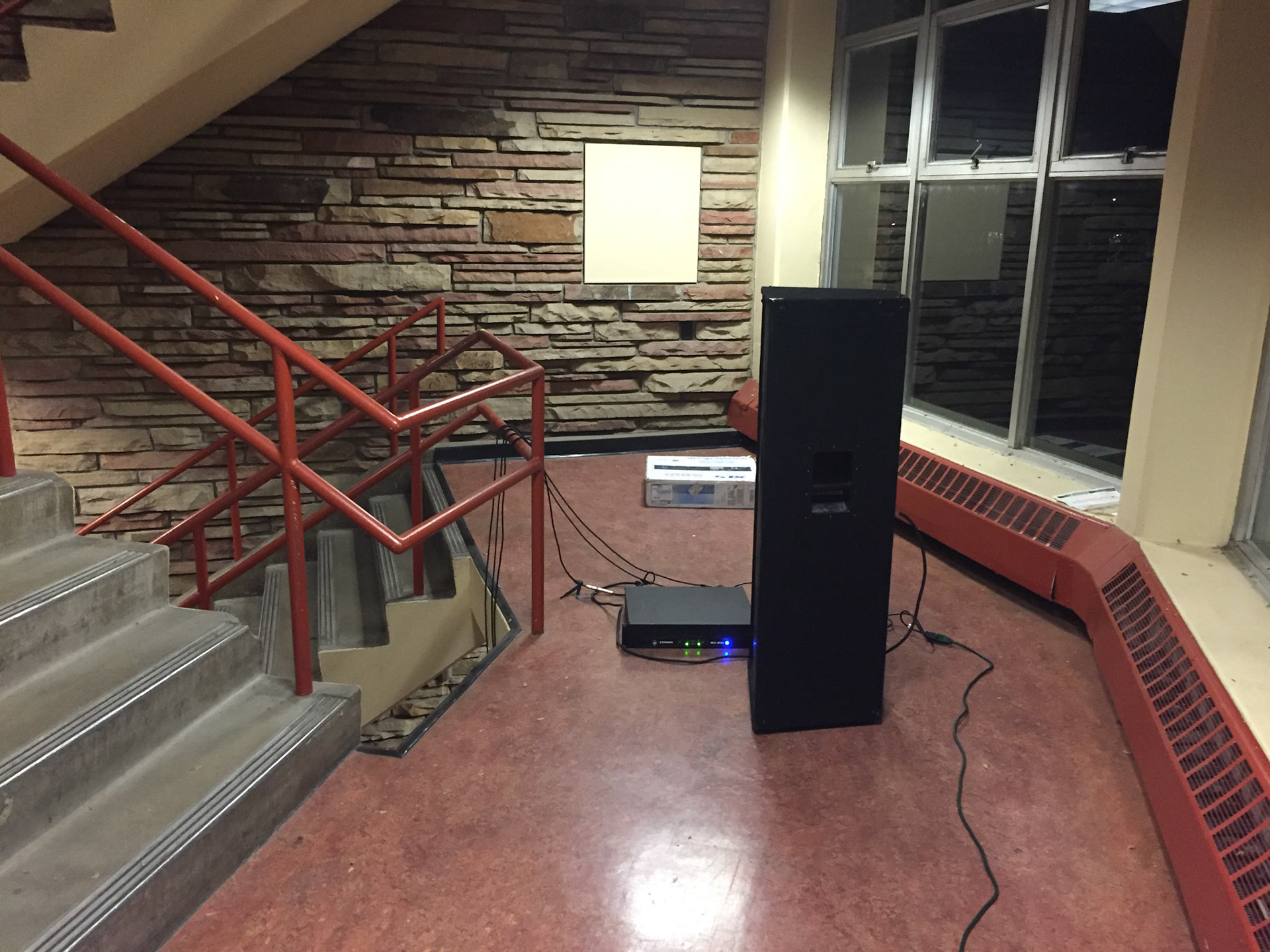 Speaker setup in the north central stairwell