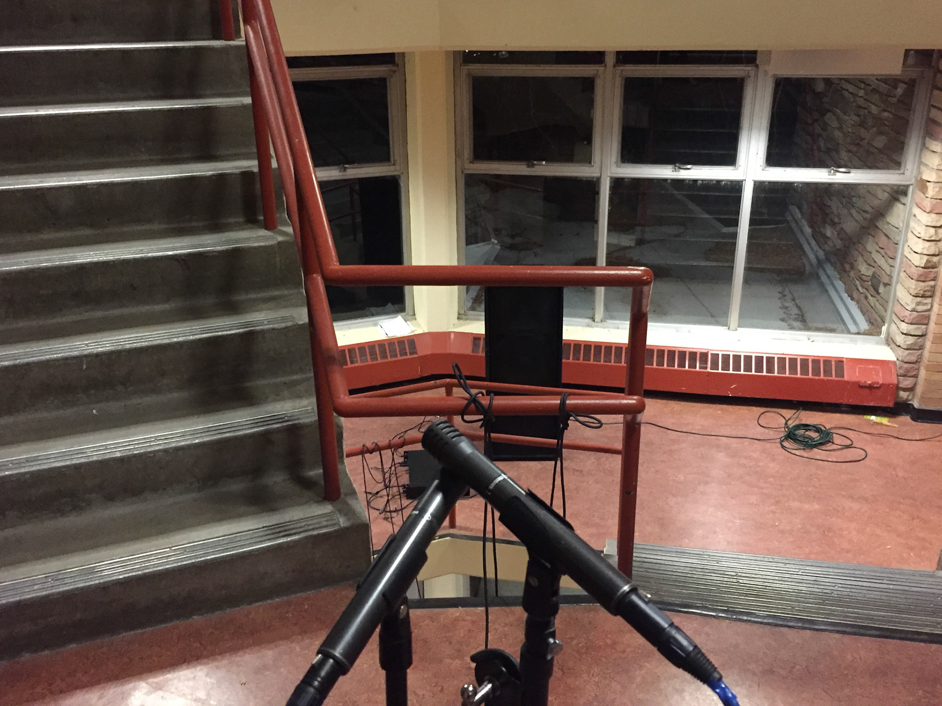 Microphone and speaker setup in the north central stairwell