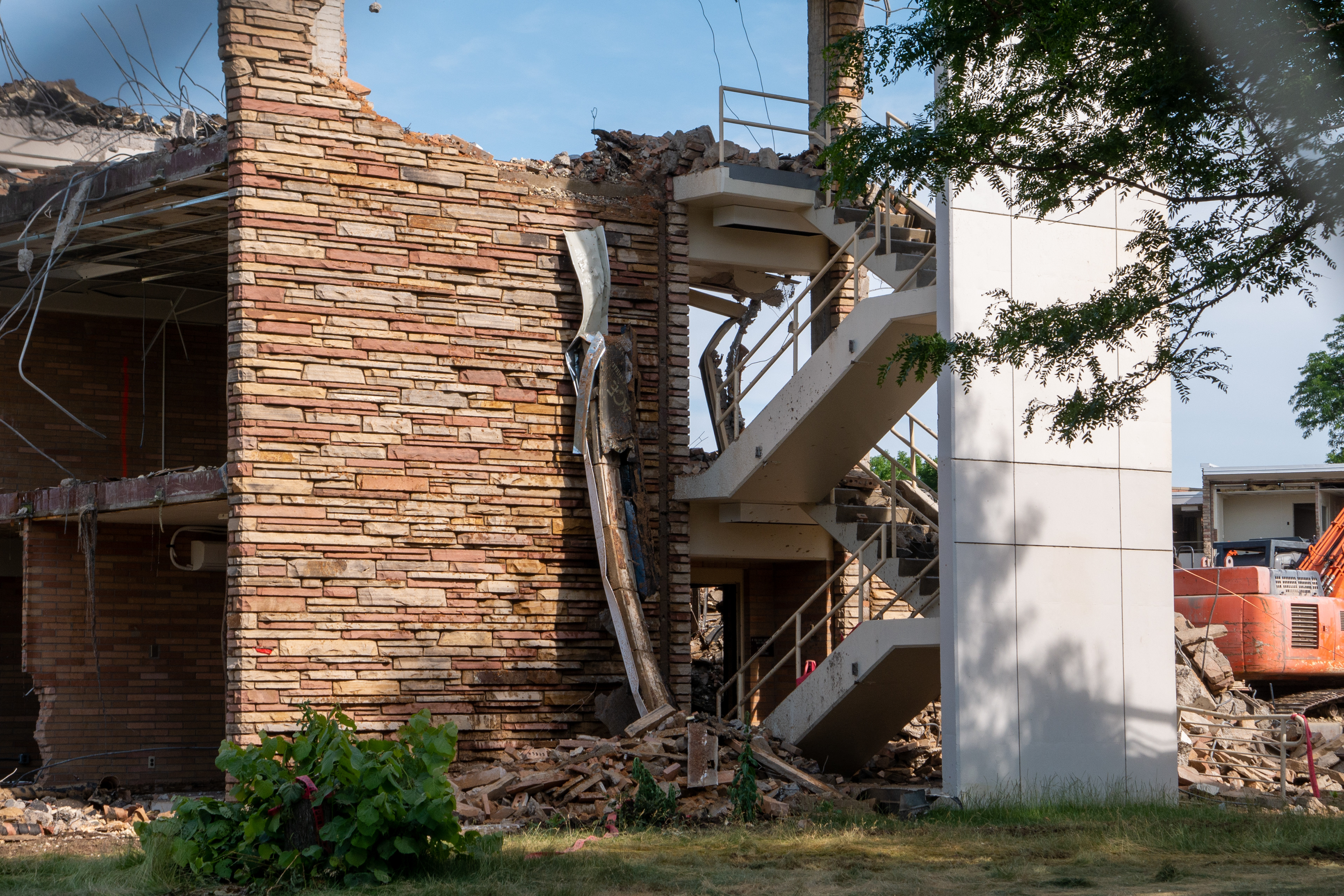 Partially demolished NW stairwell, west-facing side