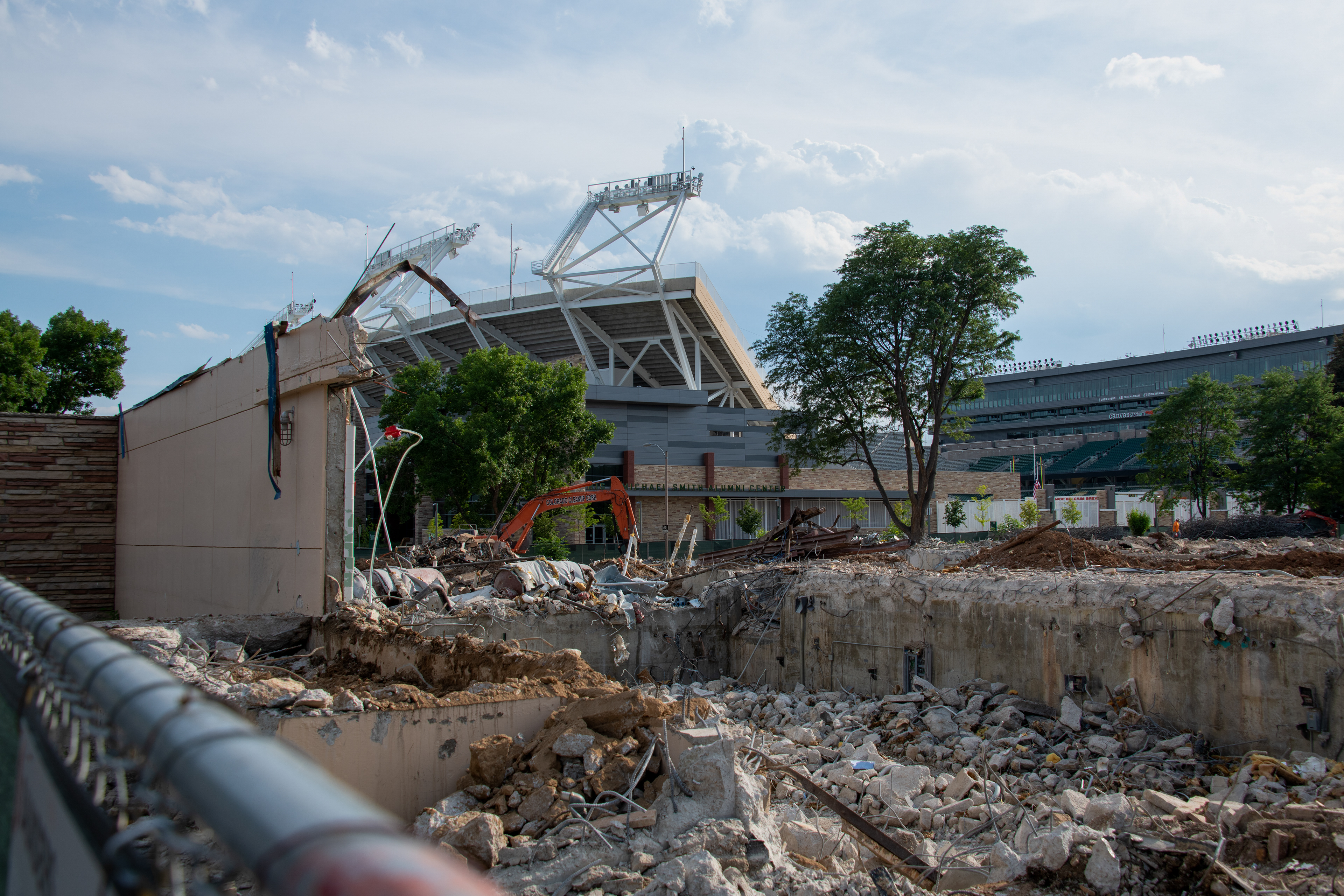 Partial demolition of the back wall and basement of the core, north-facing side