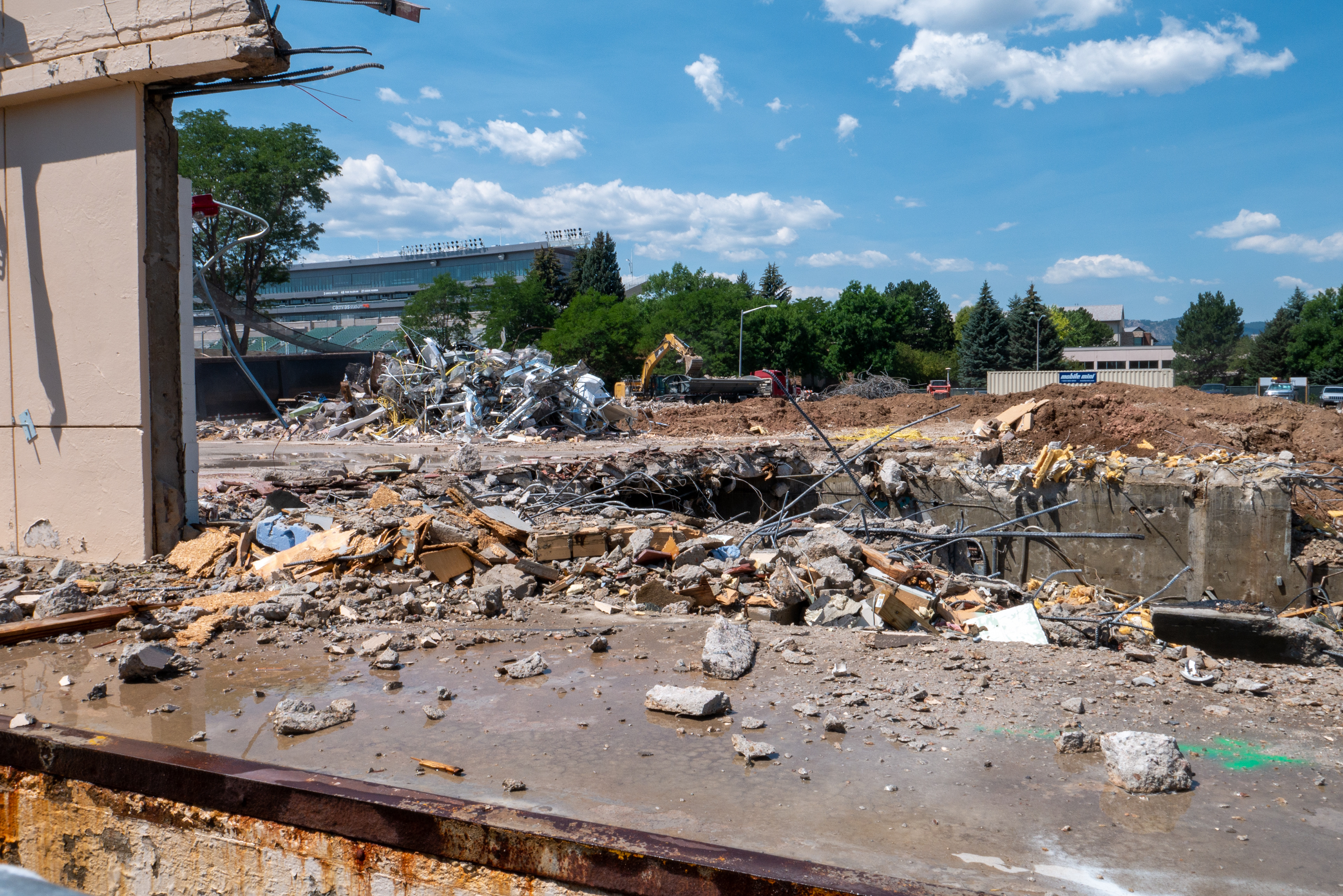 Partial demolition of the back wall and basement of the core, east-facing side