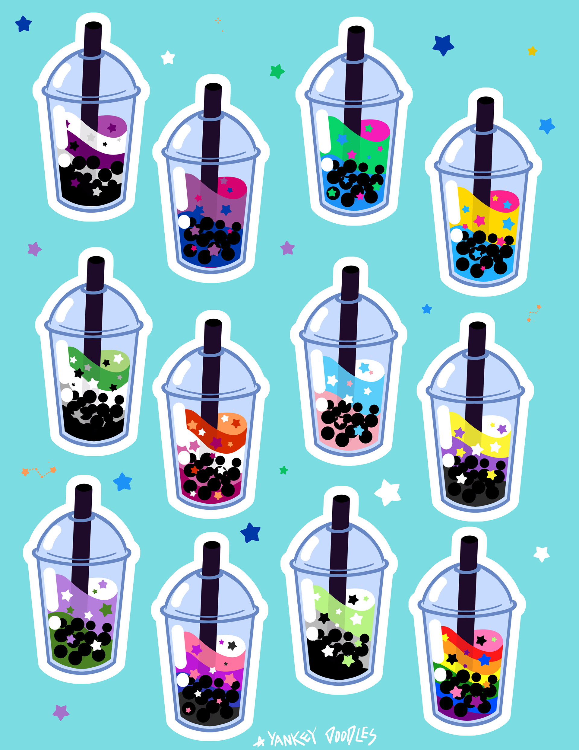 A sticker sheet of boba with Pride Colors