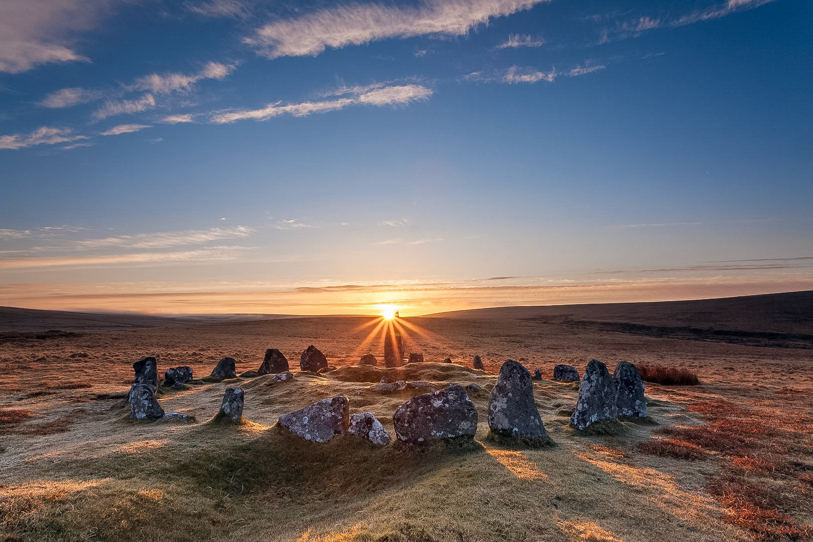 Sunrise at Down Tor stone row, Dartmoor