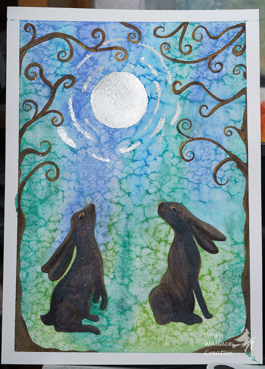 Watercolour moongazing Hares