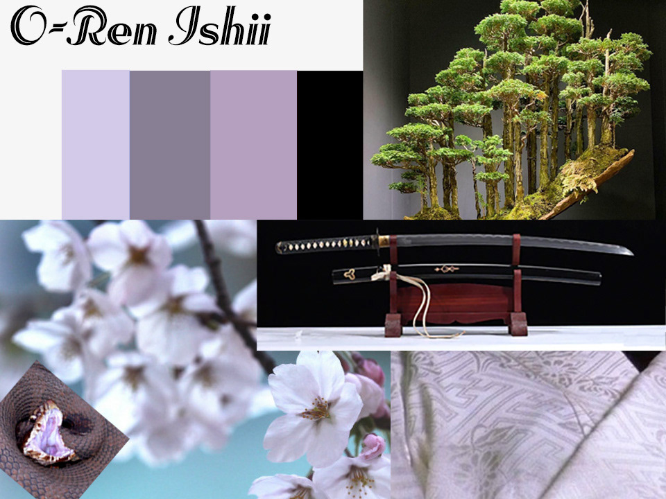 O-Ren Ishii’s mood board really tried to focus on the color scheme from the cherry blossoms and the color of her code name in the movie, cotton-mouth.