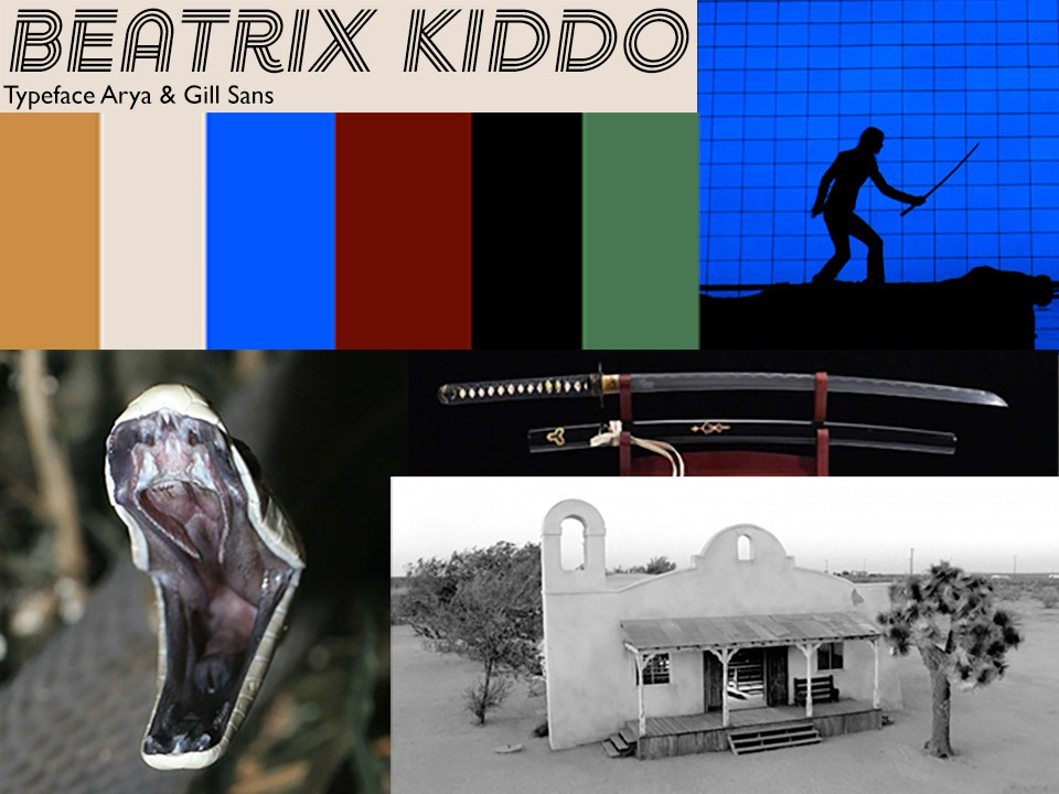 The mood board for Beatrix Kiddo my initial feelings were muted earthy tones since every outfit she wore in the film eventually was soaked in blood.