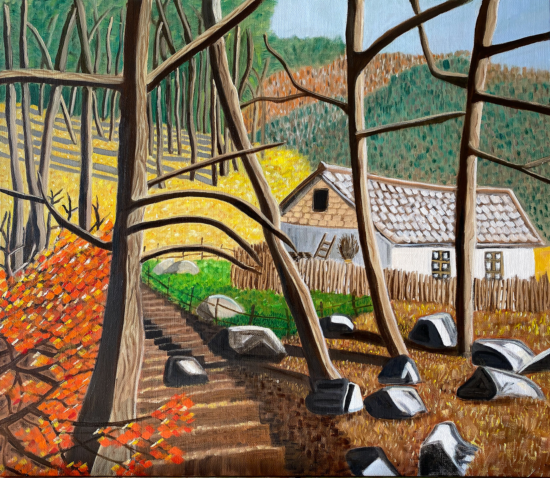 Farmhouse, Sinyang-gun North Korea, 52 x 45cm Oil on canvas 2020 (SOLD)