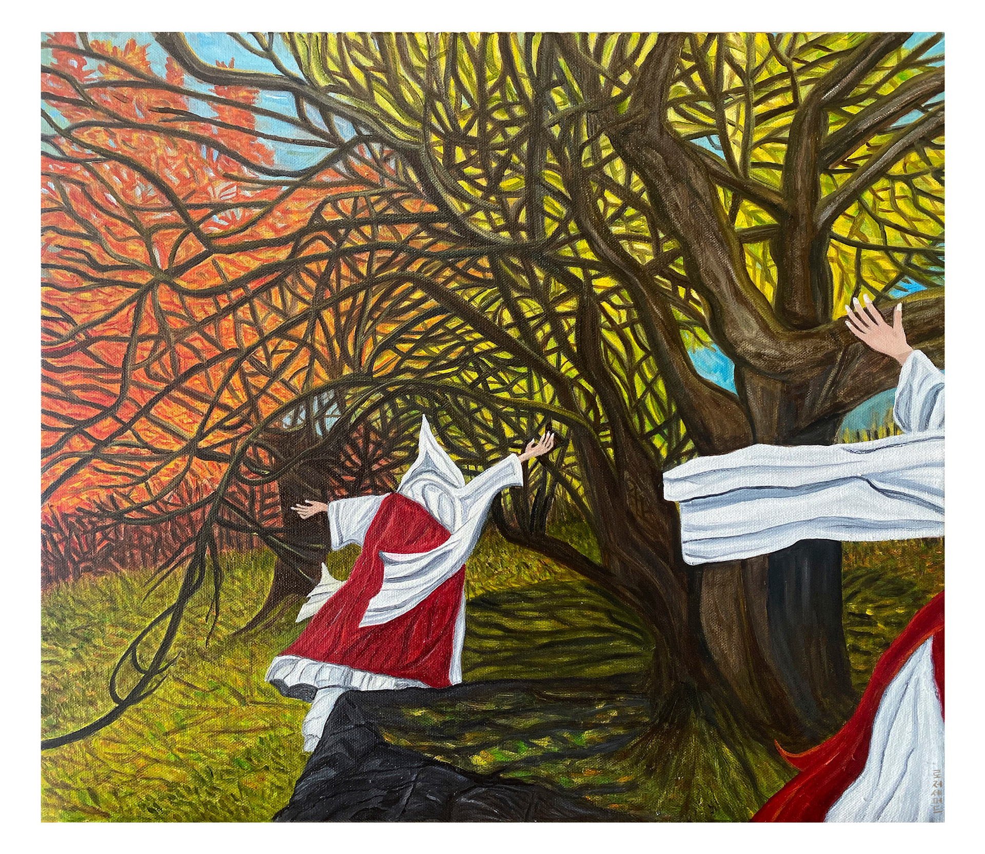 Shamans in the woods: Oil on canvas 53 x 45.5cm Nov 2022 (SOLD).