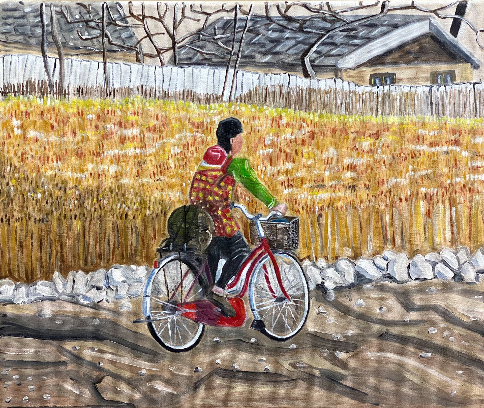 Mother on bike Sinyang-gun North Korea, 50 x 40cm Oil on canvas 2020 (SOLD)