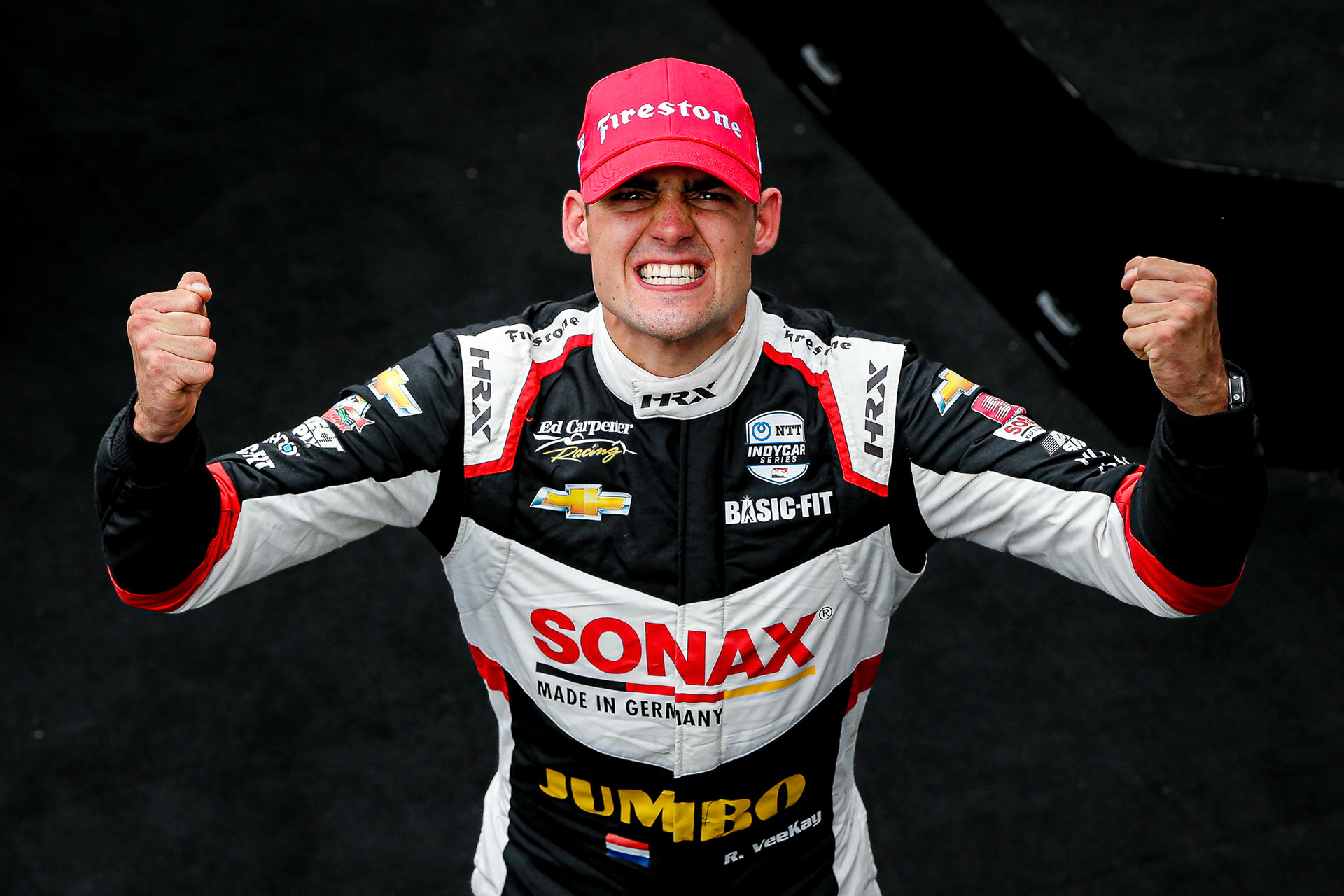 #21: Rinus VeeKay, Ed Carpenter Racing Chevrolet celebrates winning the GMR Grand Prix