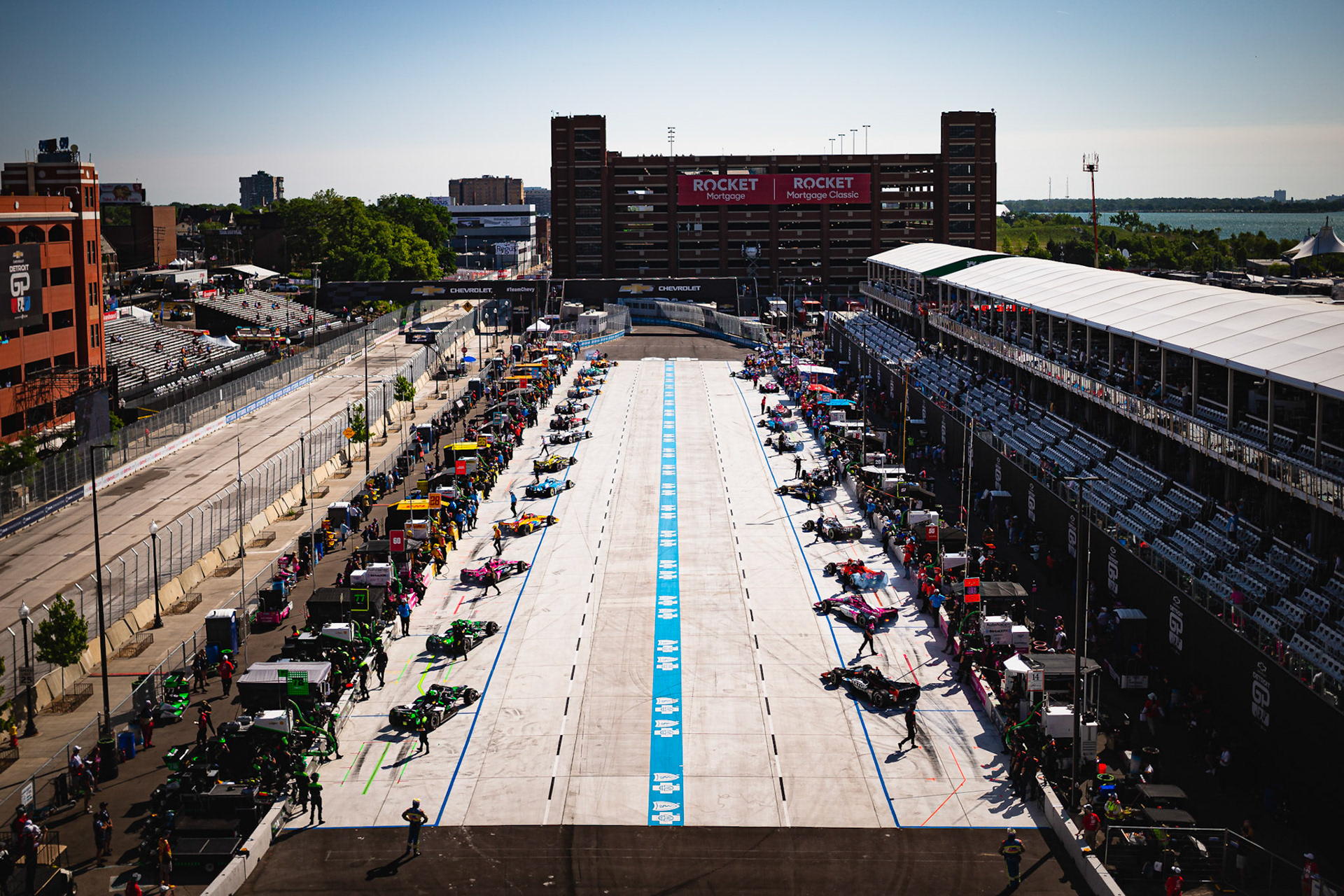 #3: Scott McLaughlin, Team Penske Chevrolet, #20: Conor Daly, Ed Carpenter Racing Chevrolet, #2: Josef Newgarden, Team Penske Chevrolet, #15: Graham Rahal, Rahal Letterman Lanigan Racing Honda