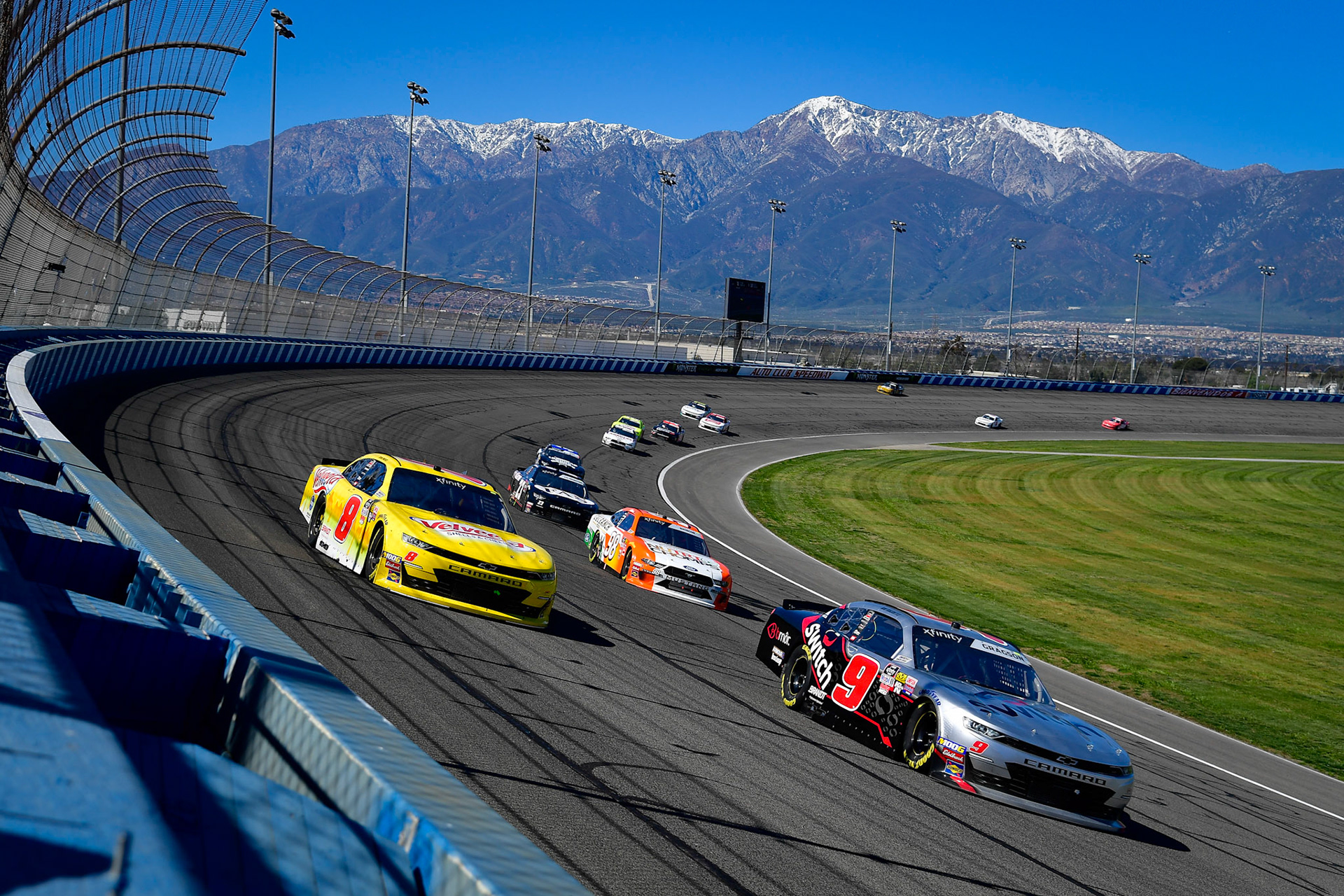#9: Noah Gragson, JR Motorsports, Chevrolet Camaro Switch, #8: Ryan Preece, JR Motorsports, Chevrolet Camaro Velveeta Shells and Cheese, #98: Chase Briscoe, Stewart-Haas Racing, Ford Mustang Nutri Chomps / C-A-L Ranch