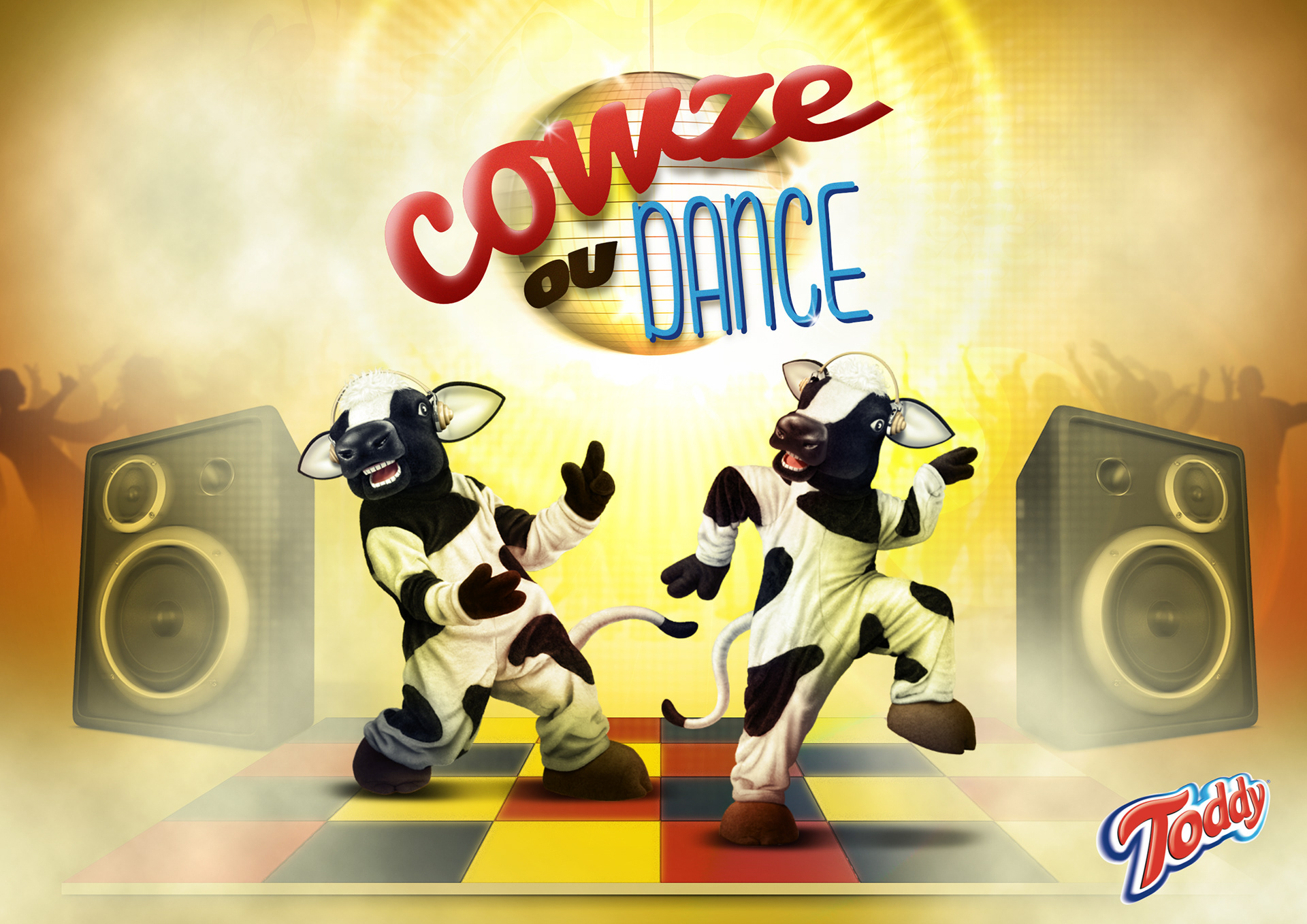Visual concept for a promotional campaign for Toddy in retail stores, featuring Nestlé's brand characters - the crazy cows - with the name 'Cowze or Dance', playing with the Portuguese word for 'cause trouble' and the animal's name 'cow'.