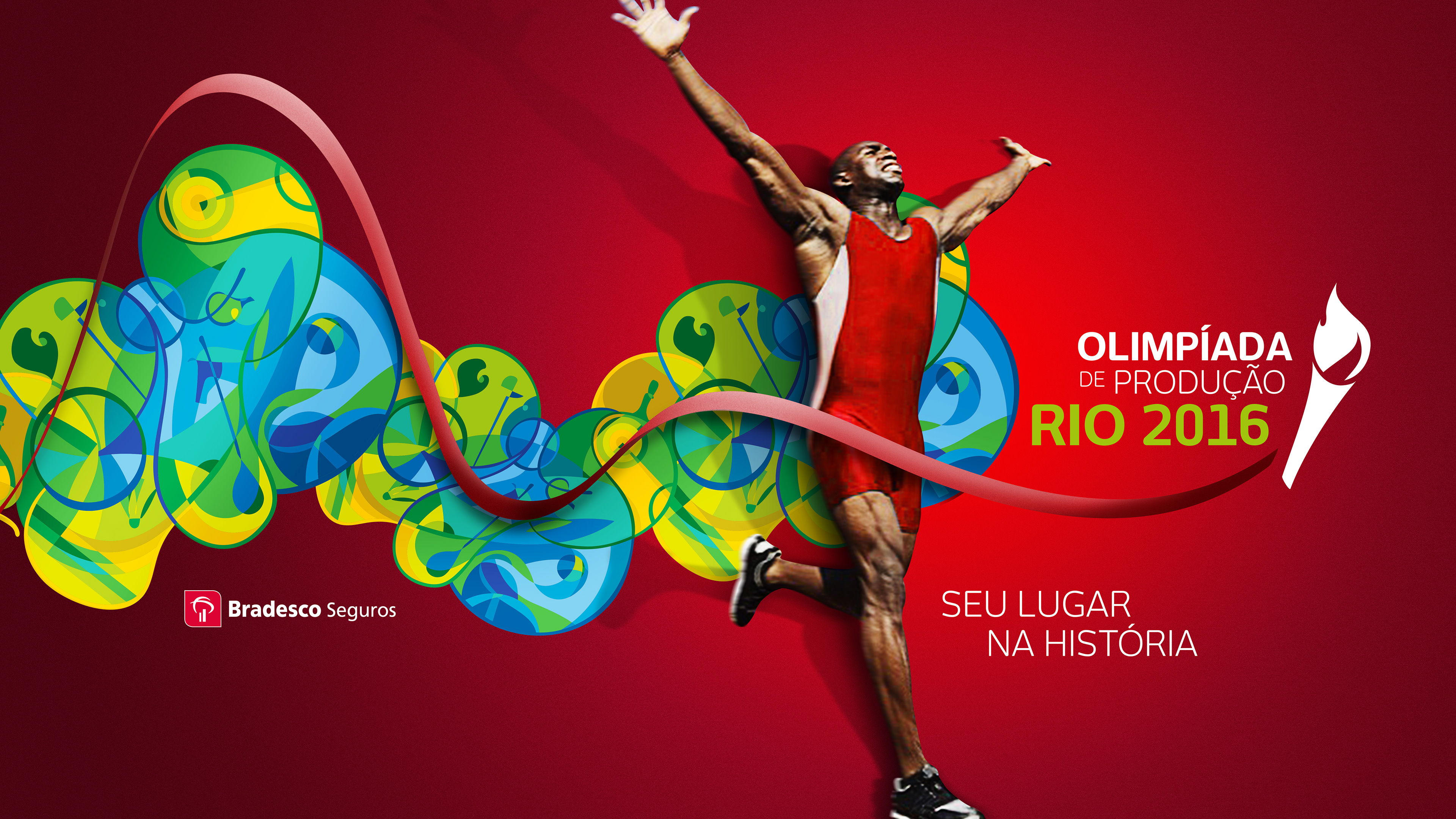 Visual concept for a corporate event inspired by the "Olympic Games in Rio de Janeiro" for Bradesco Seguros employees, the largest insurance company in Brazil and Latin America. The key visual features an athlete celebrating his victory at the finish line, represented by the iconic mountain peak in Rio de Janeiro, Pão de Açúcar.