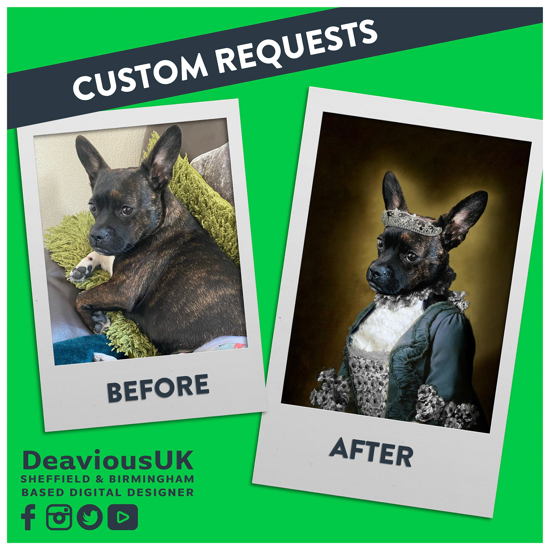 Custom Royalty Portraits - Royal Pooch Darcie Before and After