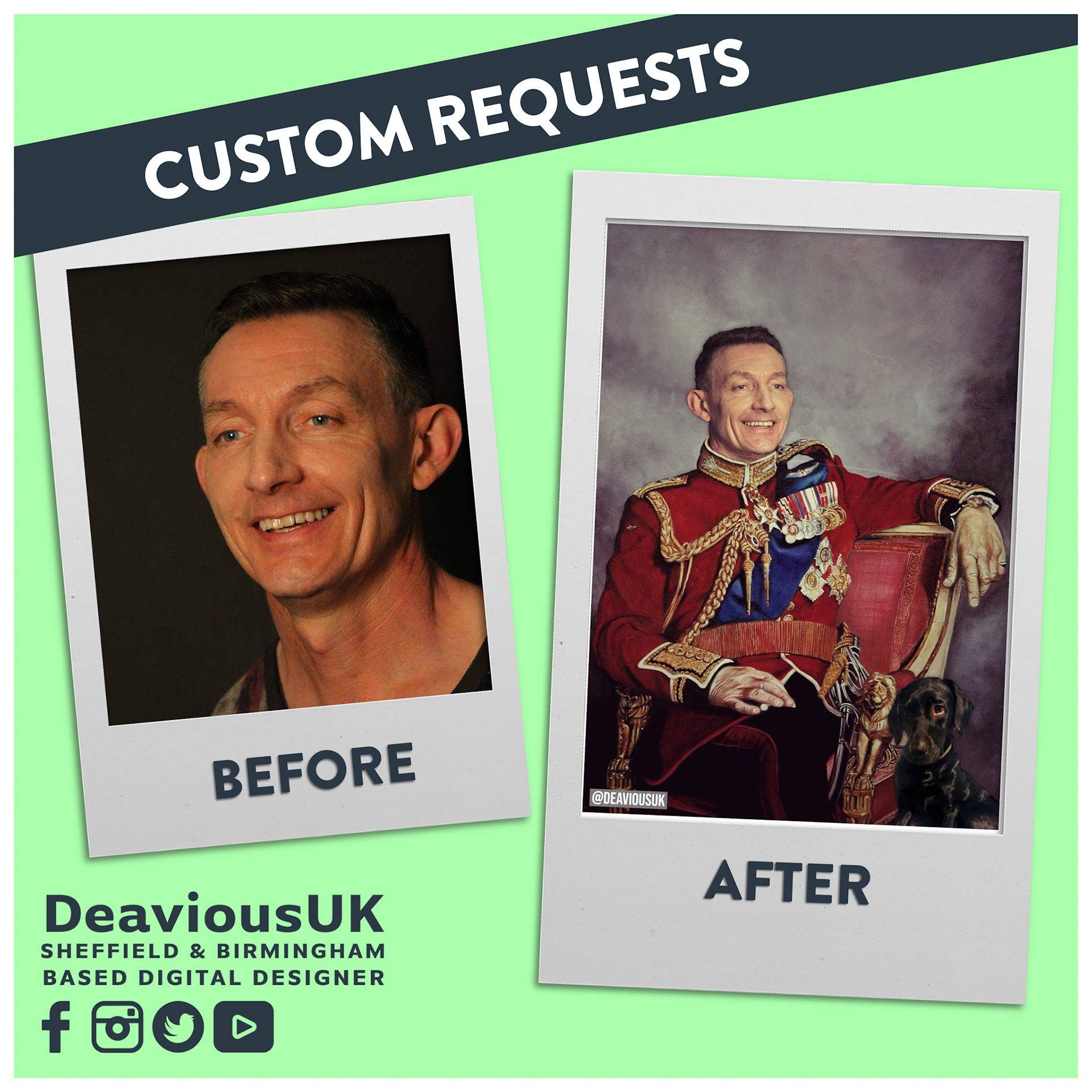Custom Royalty Portraits - King Dad And Pooch Before and After