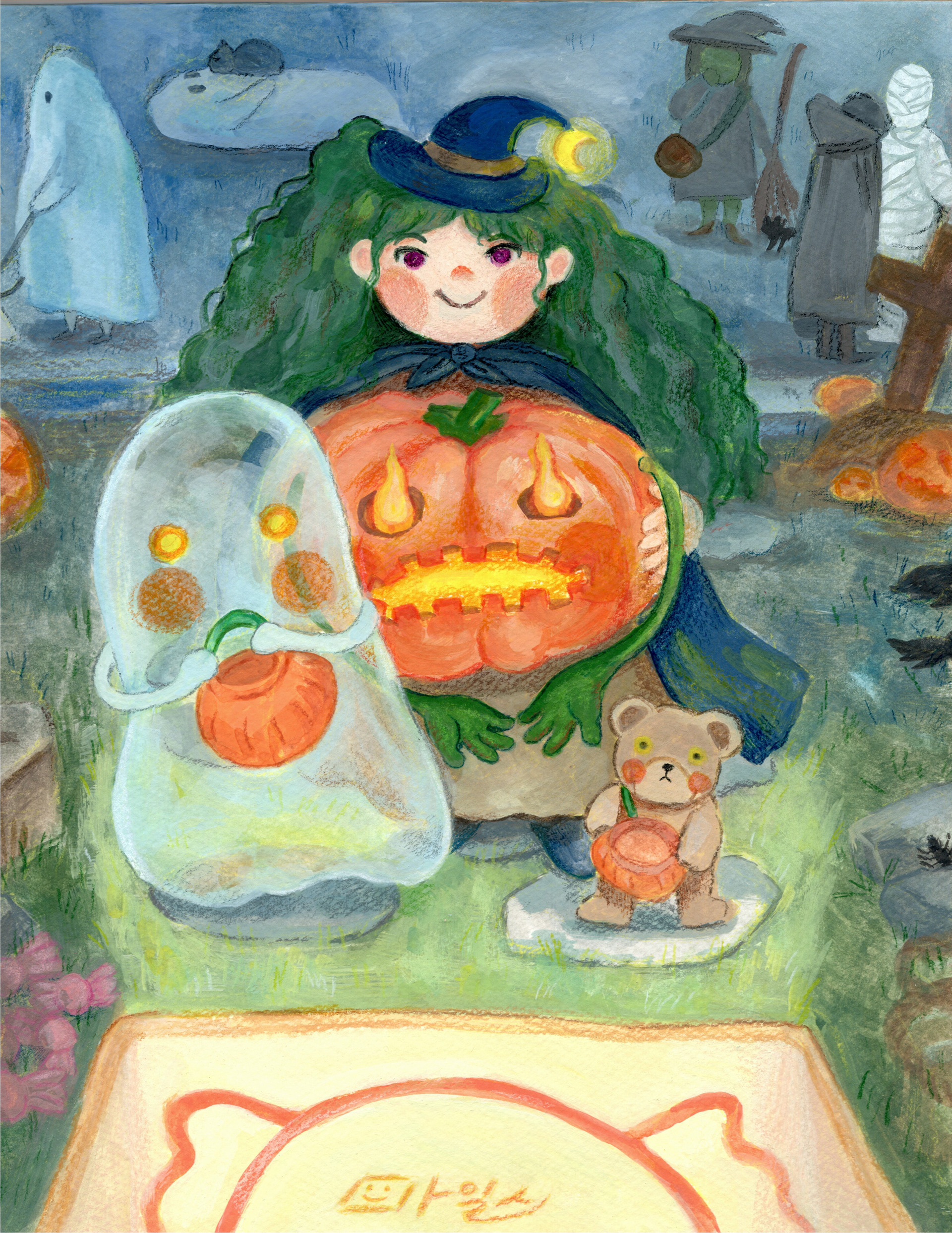 마녀와 친구들의 trick or treat / 종이 캔버스 위에 과슈+색연필