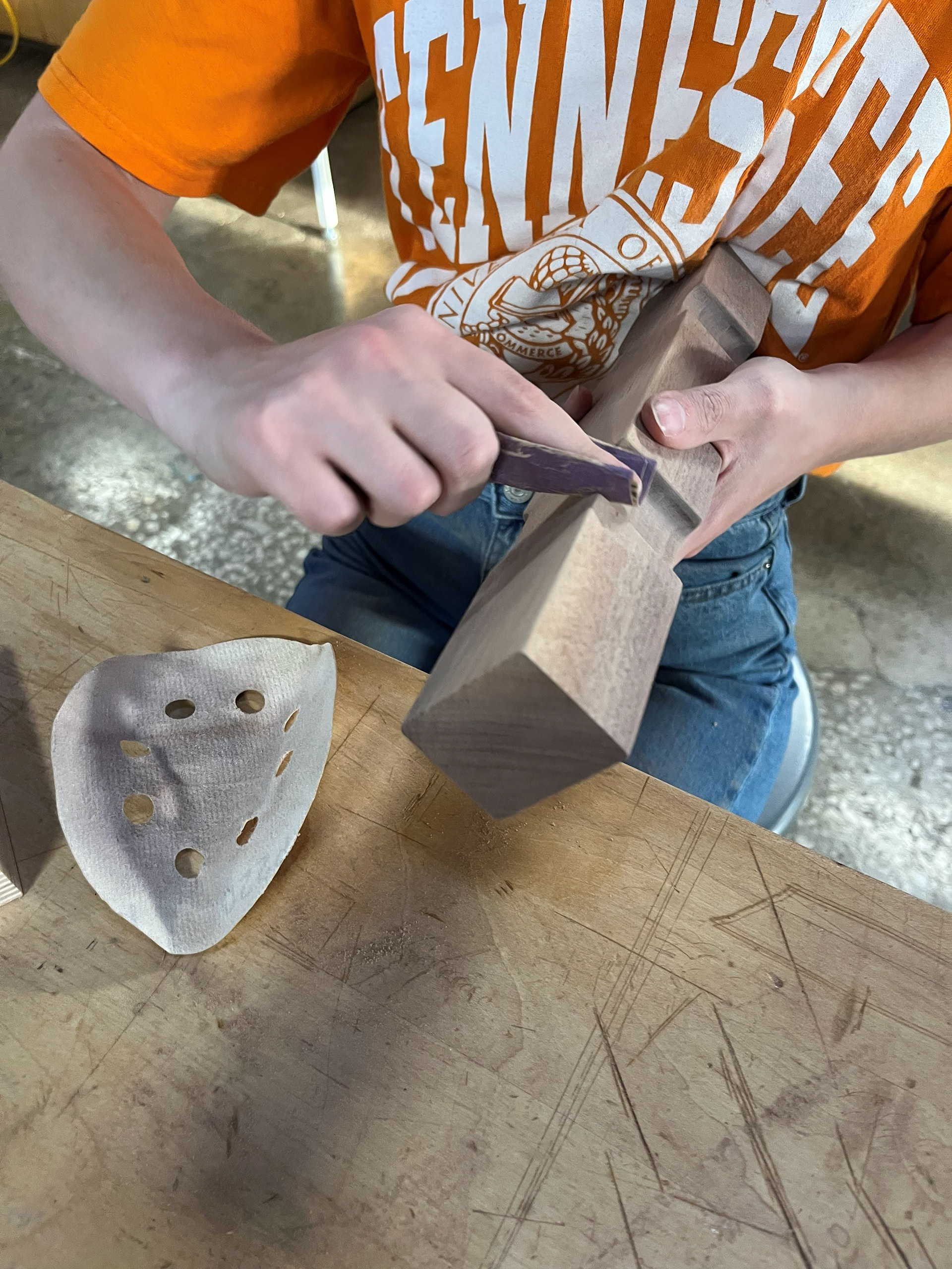Image 35 | Hand-sanding All Faces of Footstool Pieces with 80, 120, and 220 Grit Sand Paper