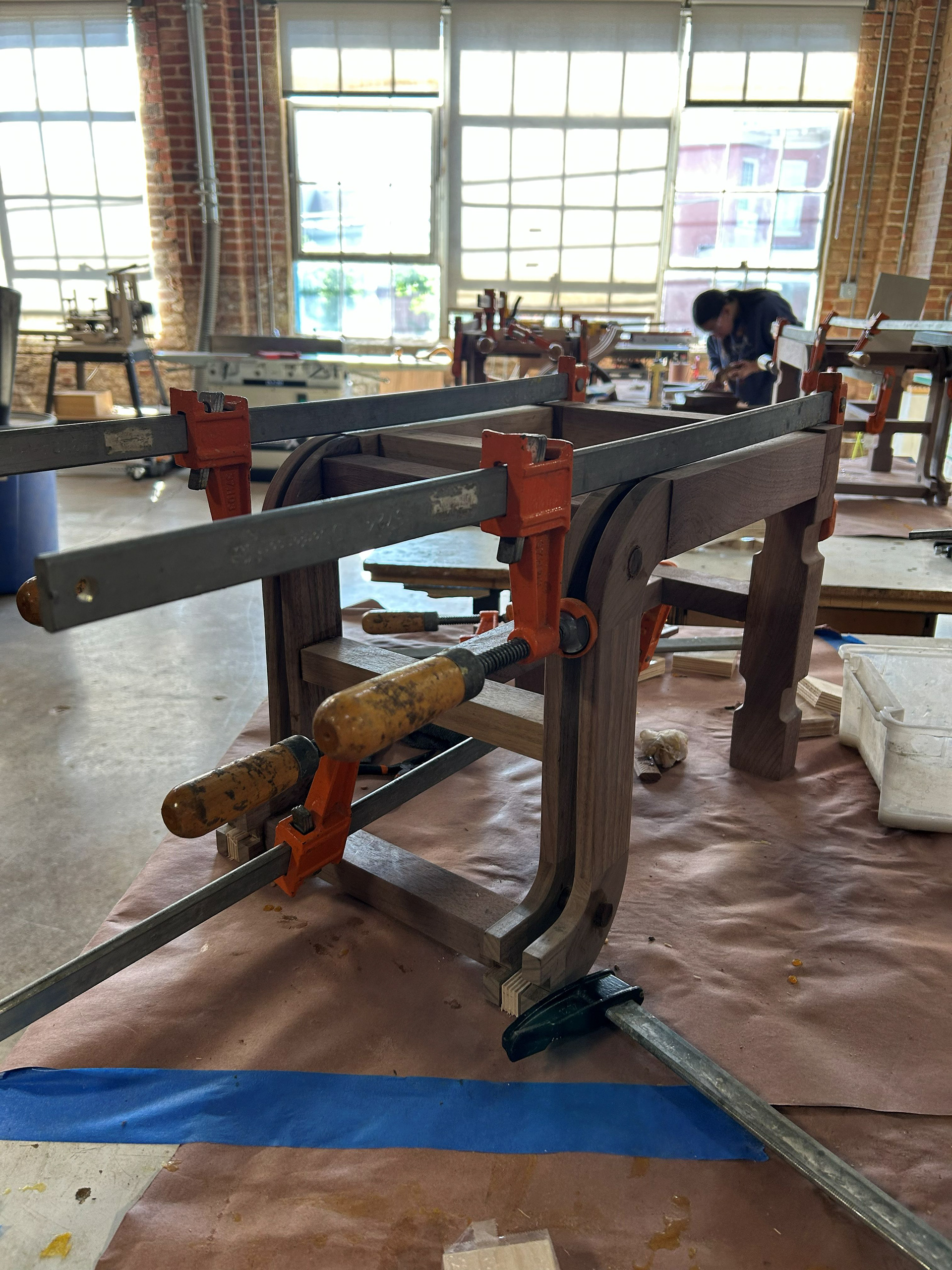 Image 49 | Glue-up and Clamping of Outside S-curve Pieces and Dowels to the Footstool Assembly