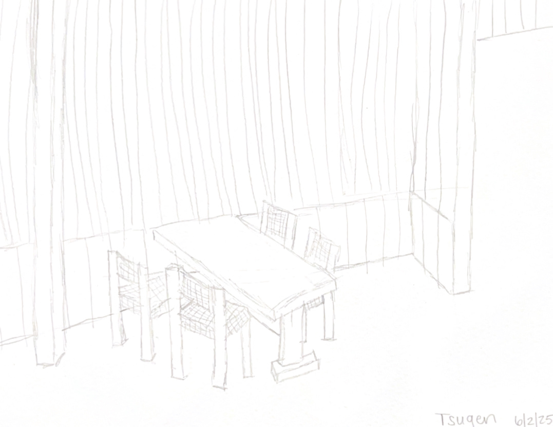 Sketch of dining furniture arrangement at Tsuen Tea.