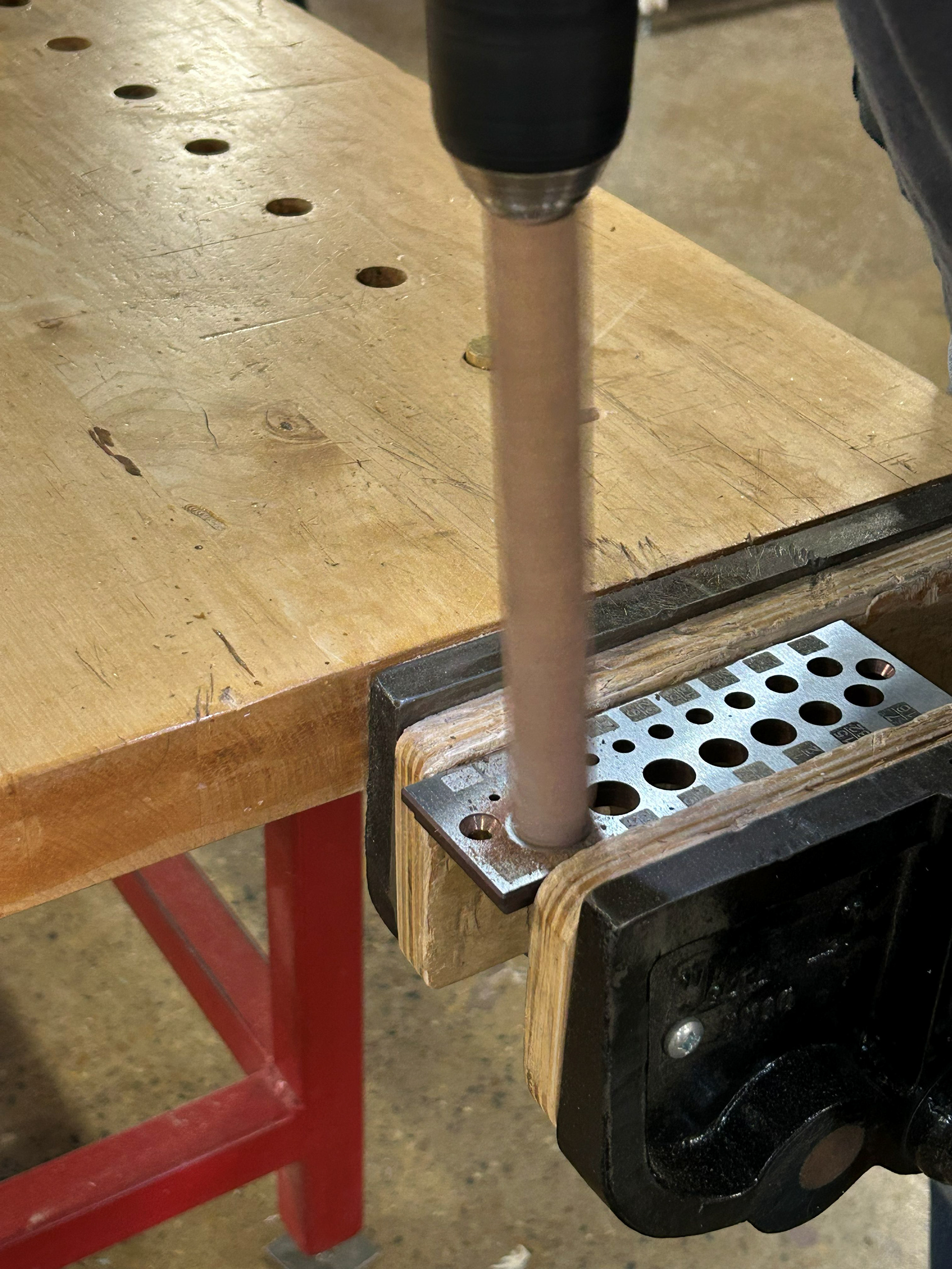 Image 44 | Drilling the S-curve Dowels Into the 5/8” Diameter Using an Electric Hand Drill