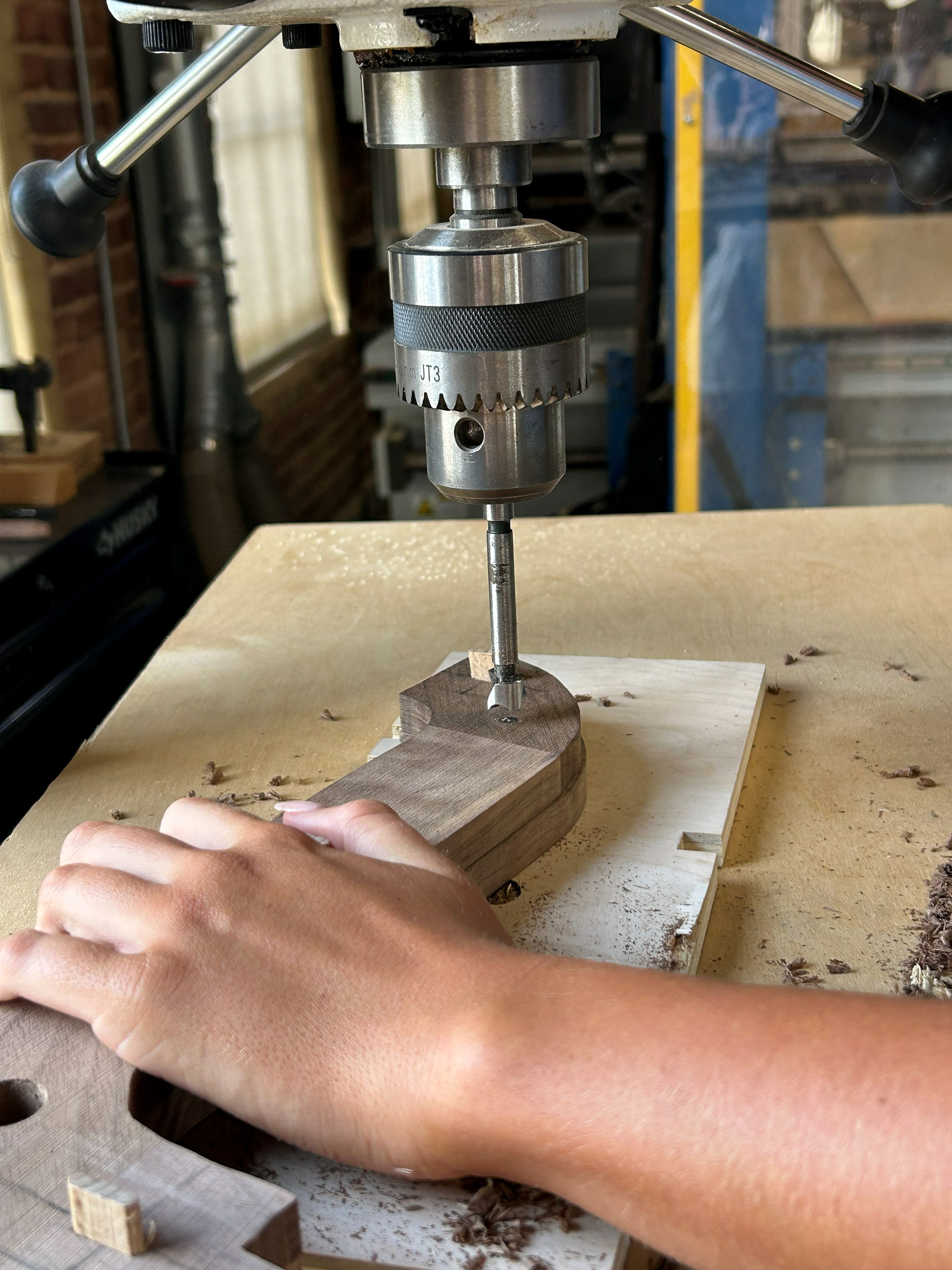 Image 41 | Using the Drill Press to Drill 5/8” Holes for the Dowels Supporting the Space Between the Two Sets of S-curve Legs