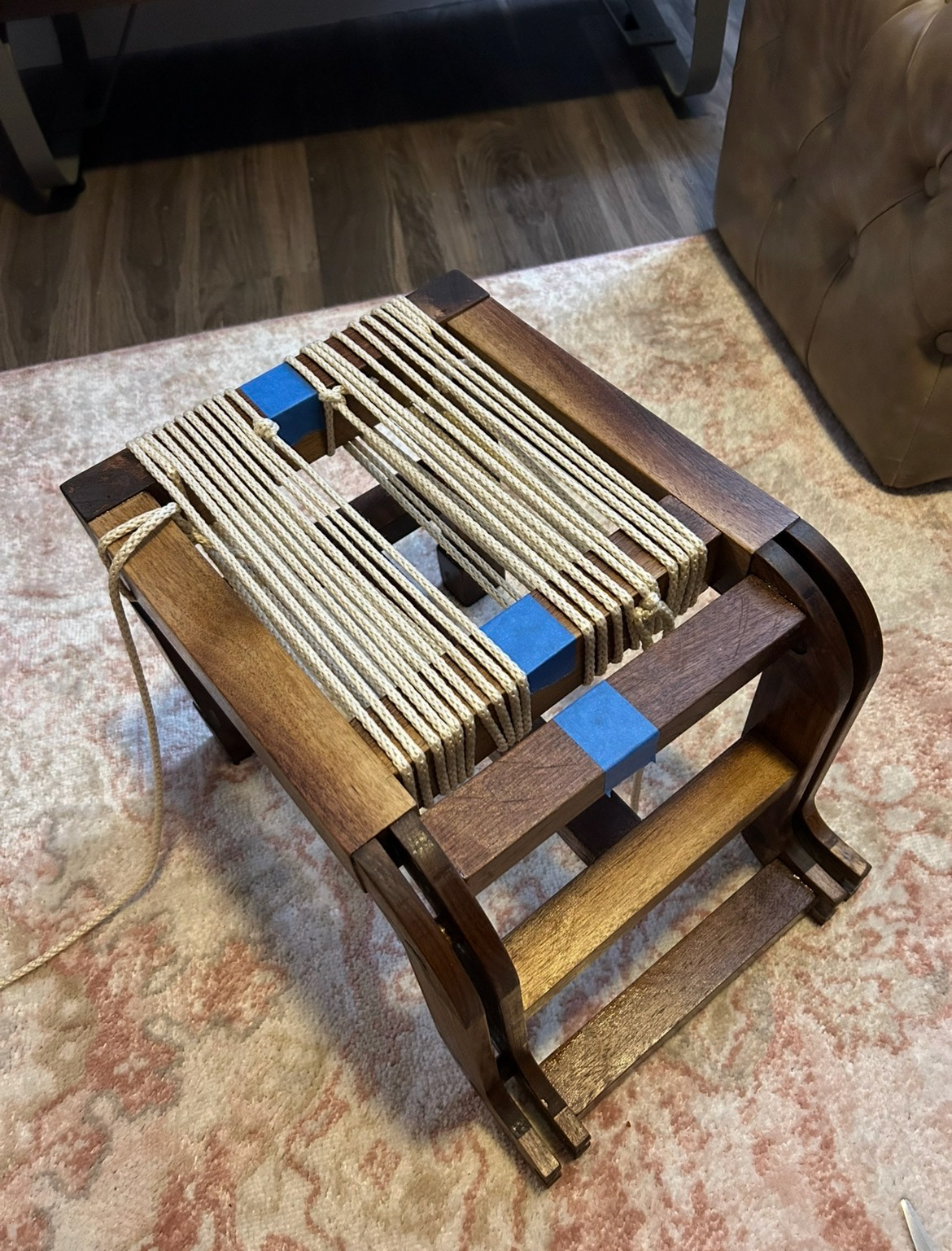 Image 53 | Wrapping 6mm Braided Rope Around the Footstool Seat to Create the Warp for the Woven Seat