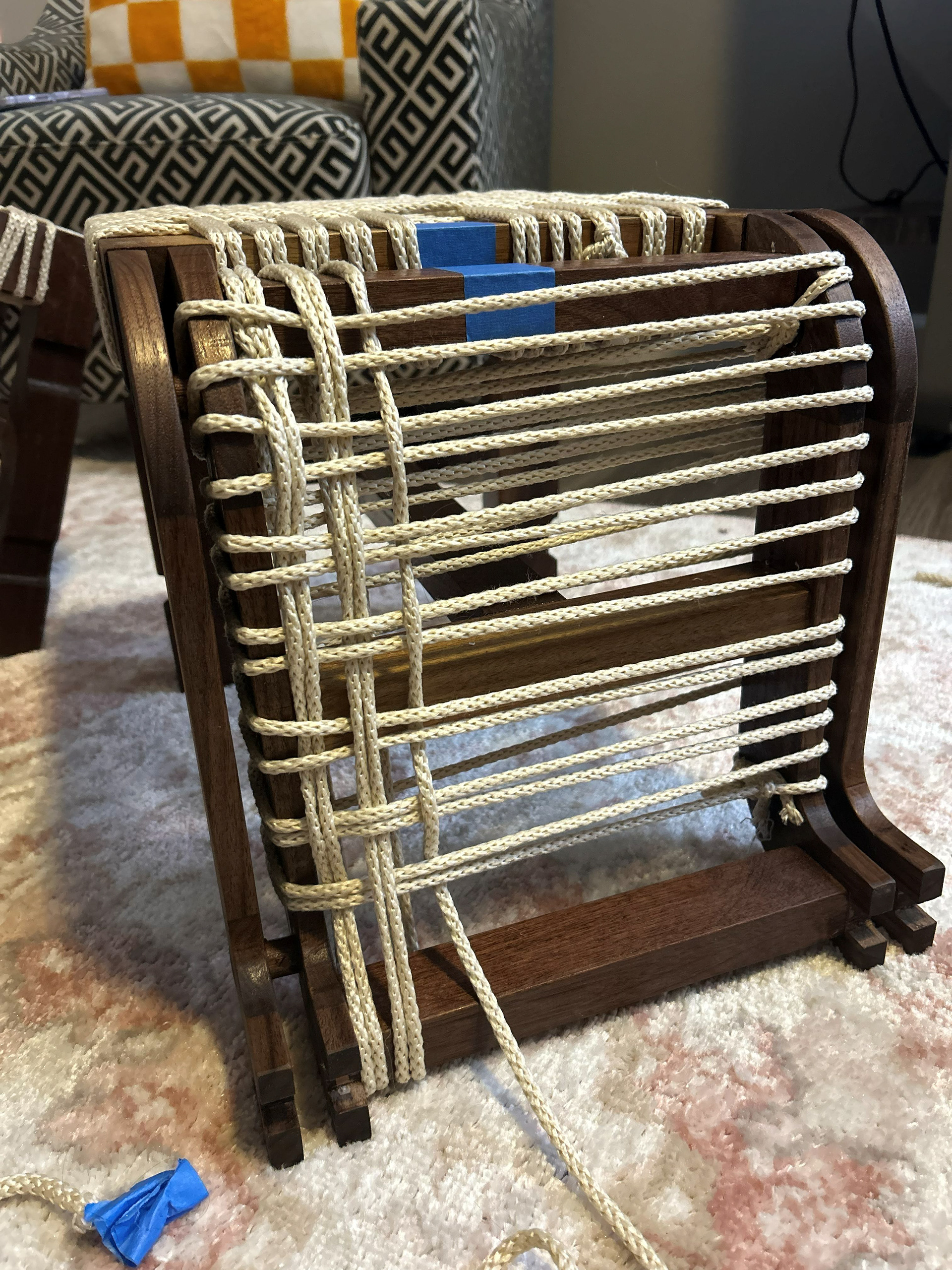 Image 56 | Weaving the Weft Rope Through the Warp Wrapped Around the Interior S-curve Legs to Create the Woven S-curve