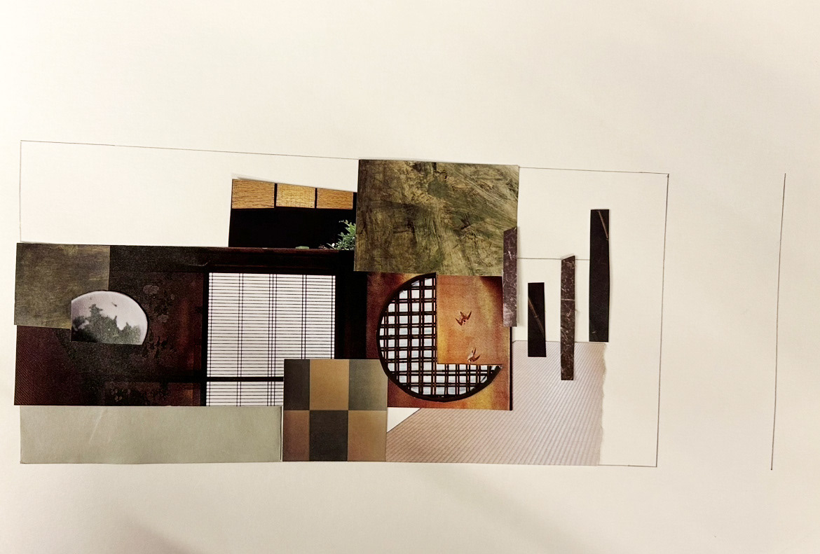 Micro-hotel atmospheric collage.